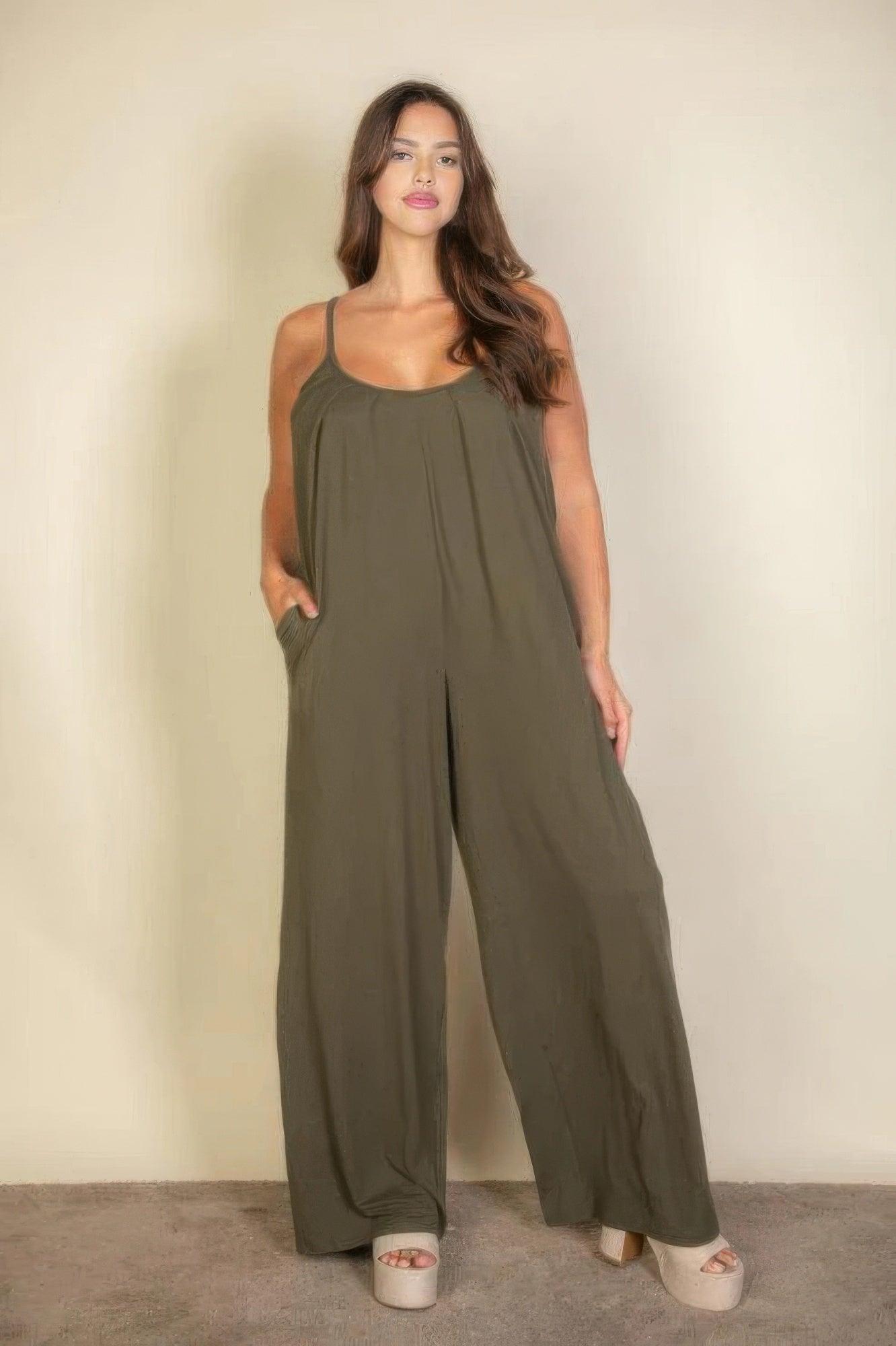 Plus spaghetti strap solid wide jumpsuit - Clothes For Her Online Store
