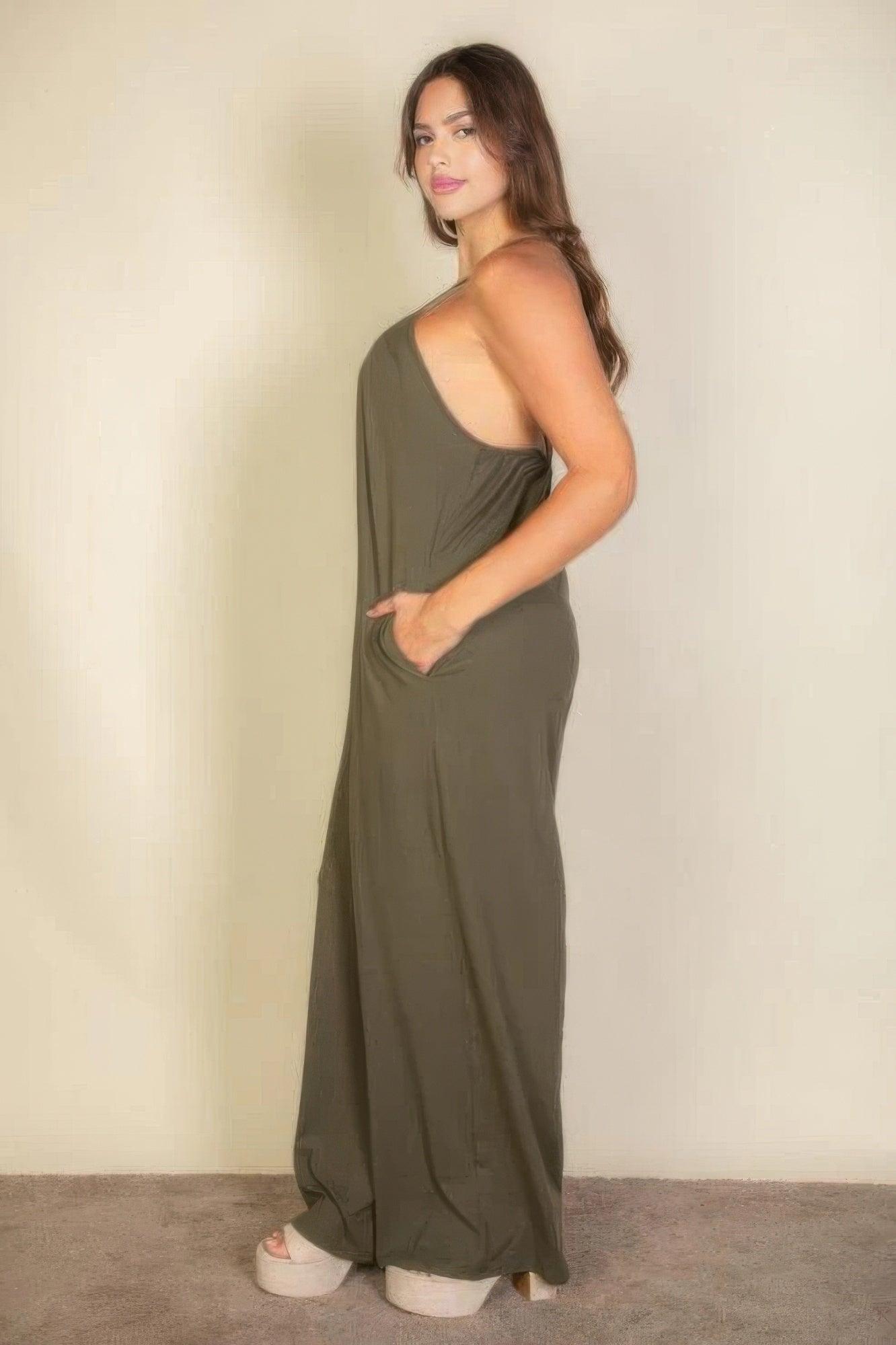 Plus spaghetti strap solid wide jumpsuit - Clothes For Her Online Store