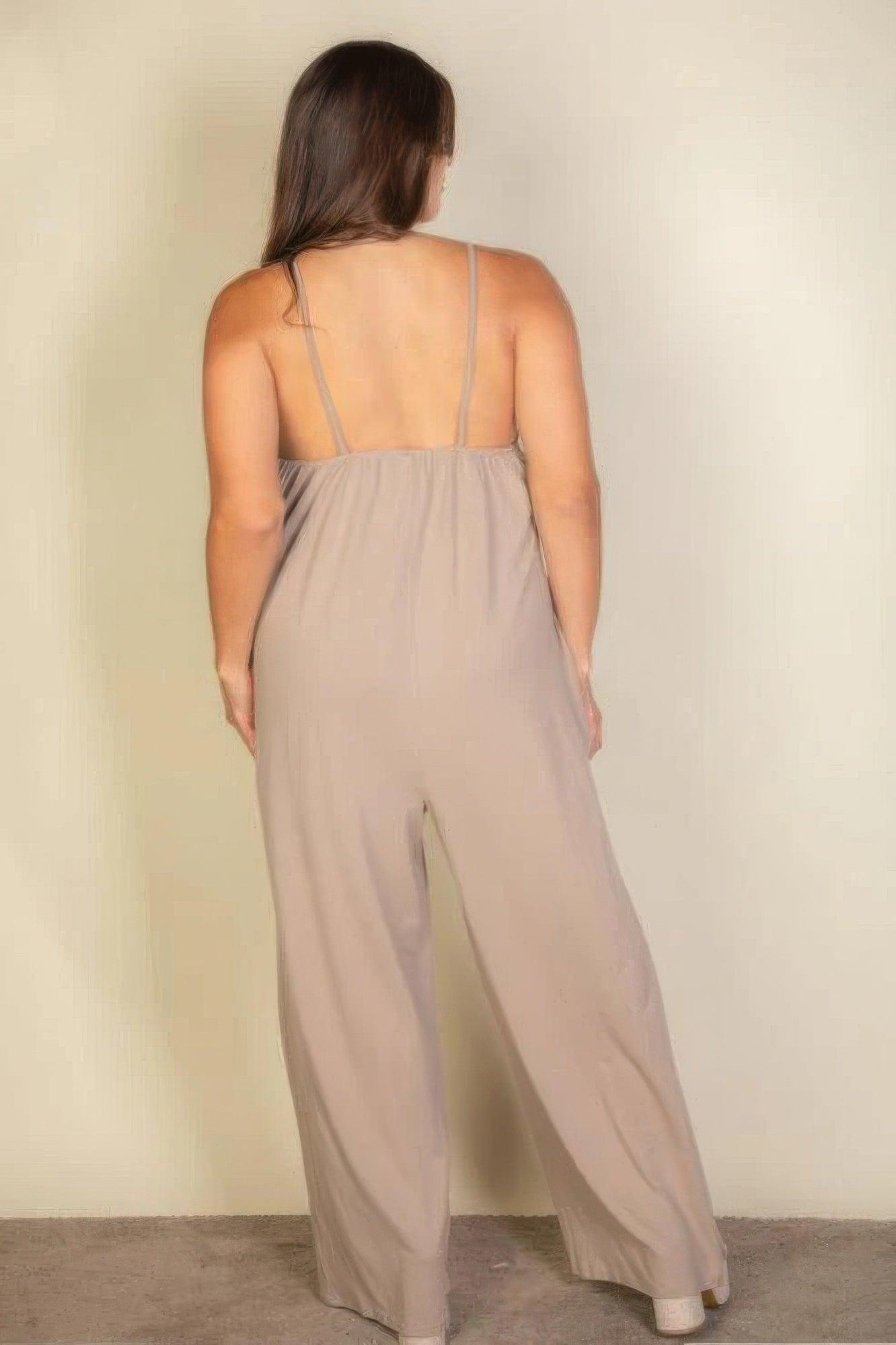 Plus spaghetti strap solid wide jumpsuit - Clothes For Her Online Store