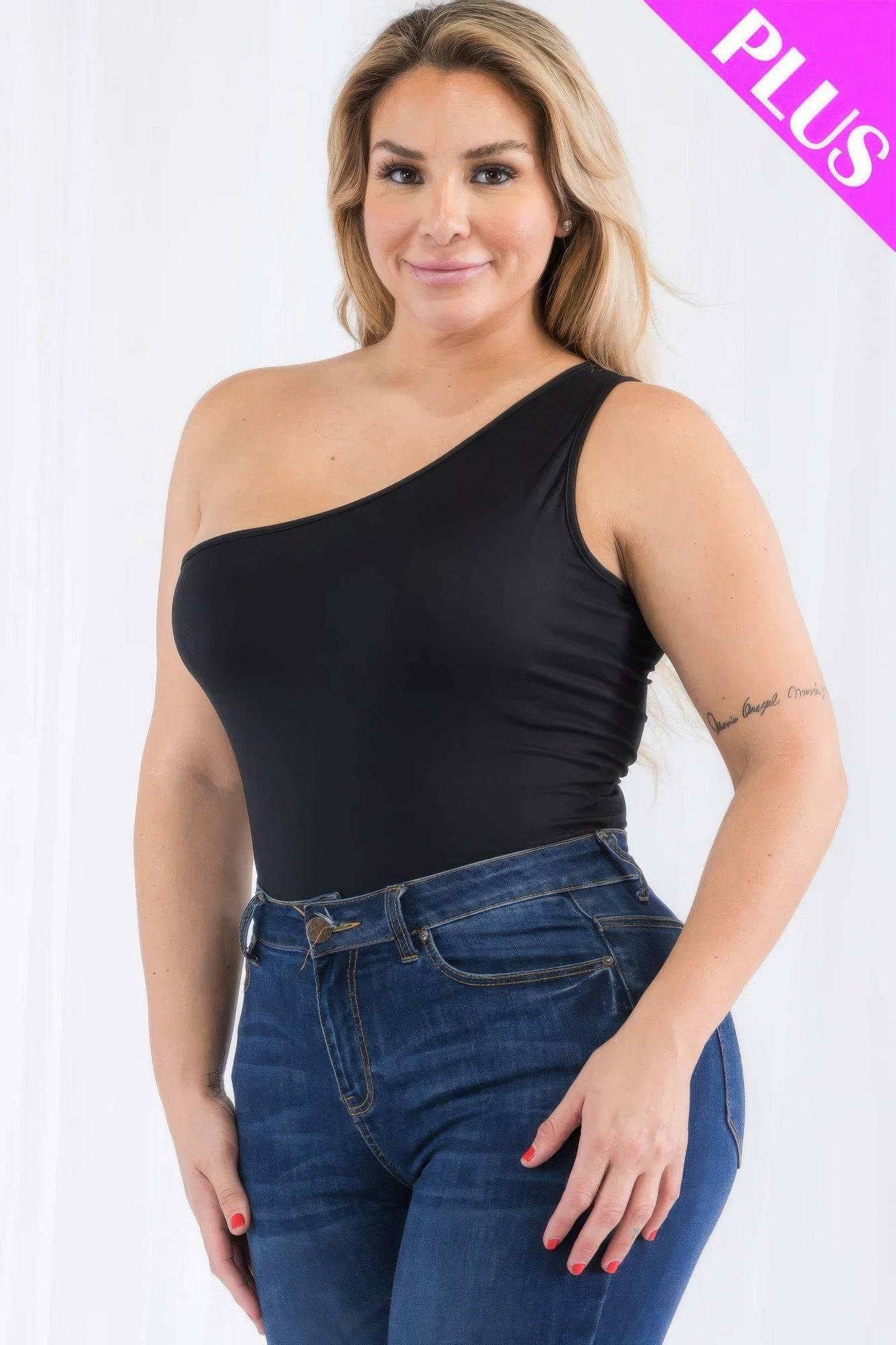 Plus size one shoulder solid casual bodysuit - Clothes For Her Online Store