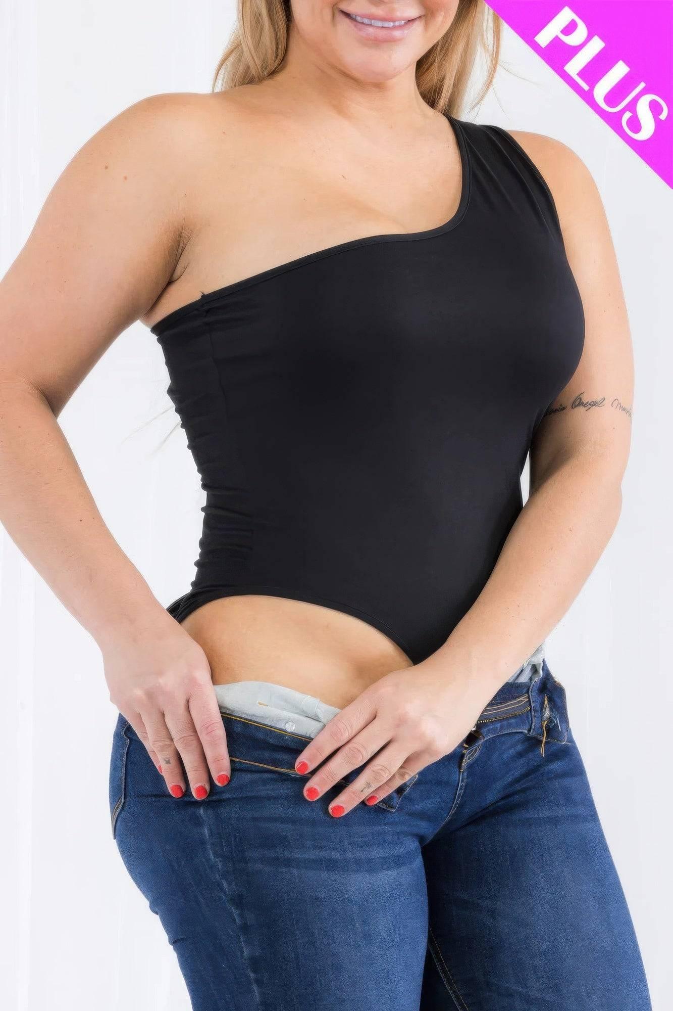 Plus size one shoulder solid casual bodysuit - Clothes For Her Online Store