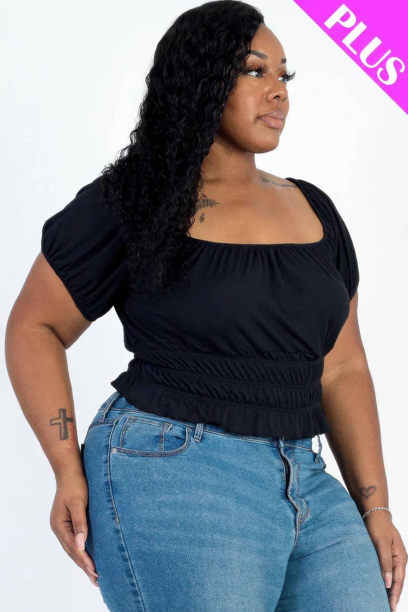 Plus size casual ruched puff sleeve ribbed knit solid top - Clothes For Her Online Store