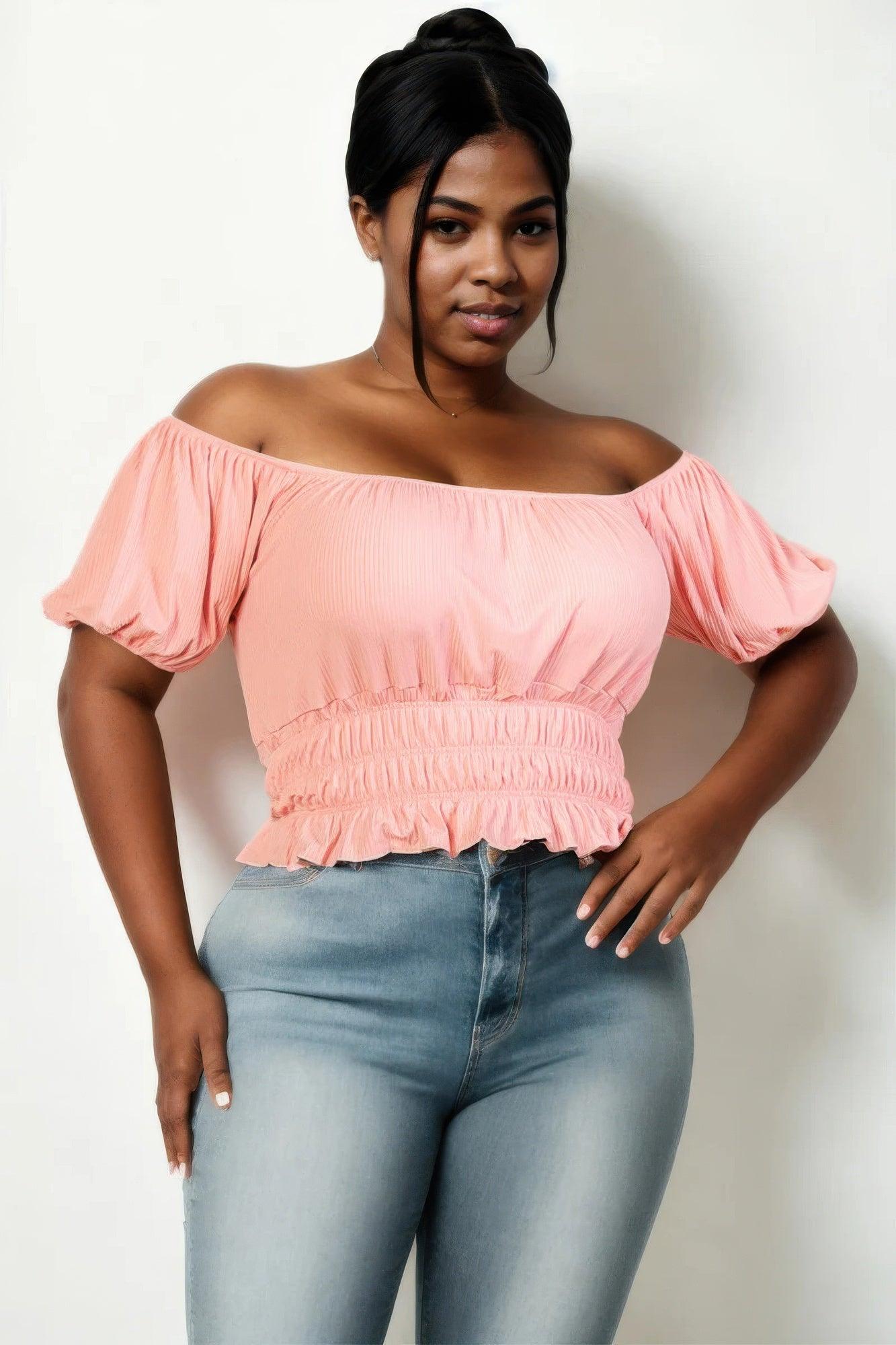 Plus size casual ruched puff sleeve ribbed knit solid top - Clothes For Her Online Store