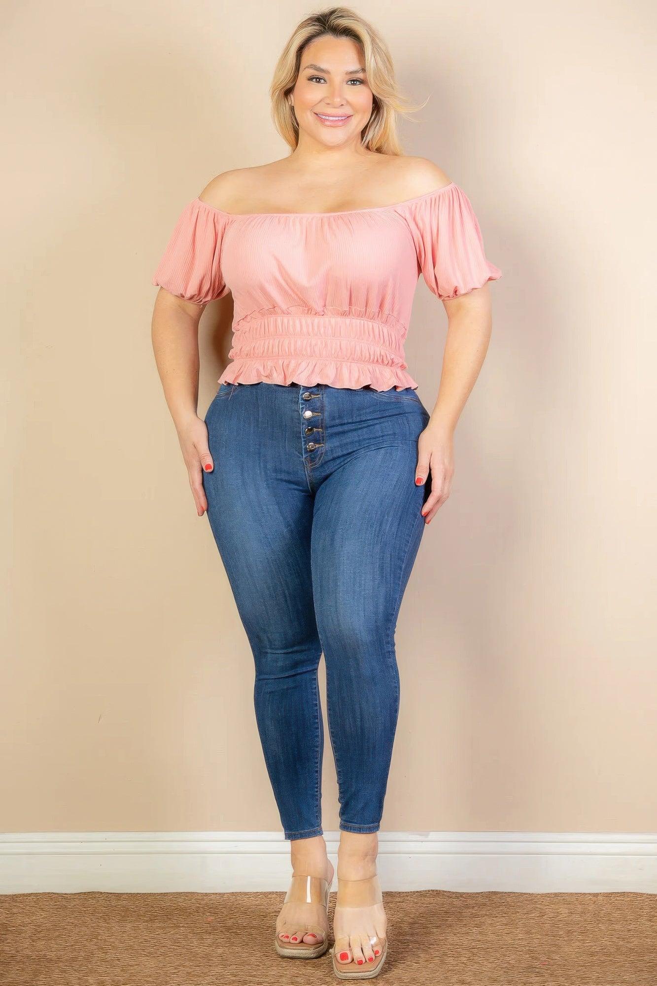 Plus size casual ruched puff sleeve ribbed knit solid top - Clothes For Her Online Store