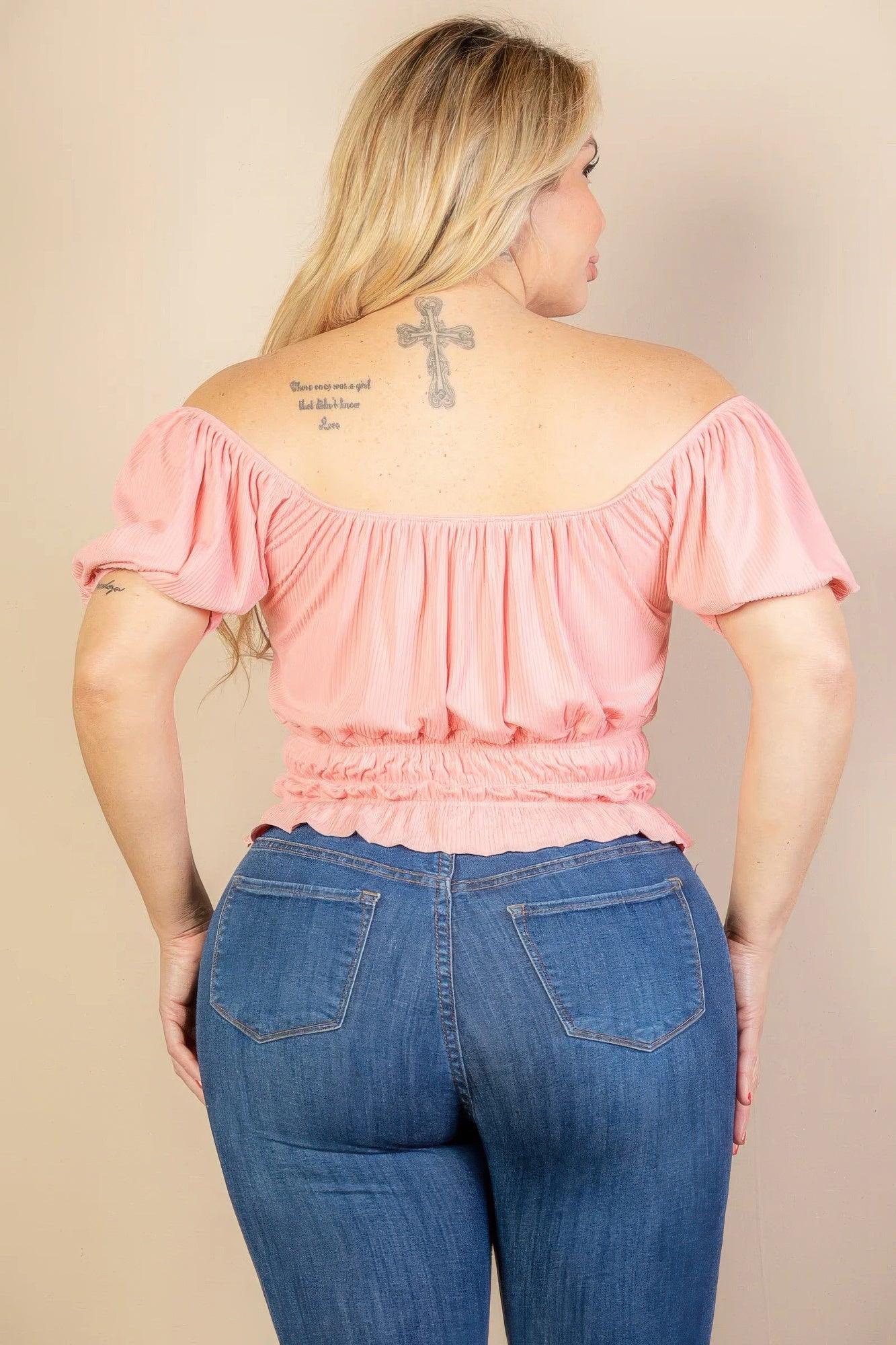 Plus size casual ruched puff sleeve ribbed knit solid top - Clothes For Her Online Store