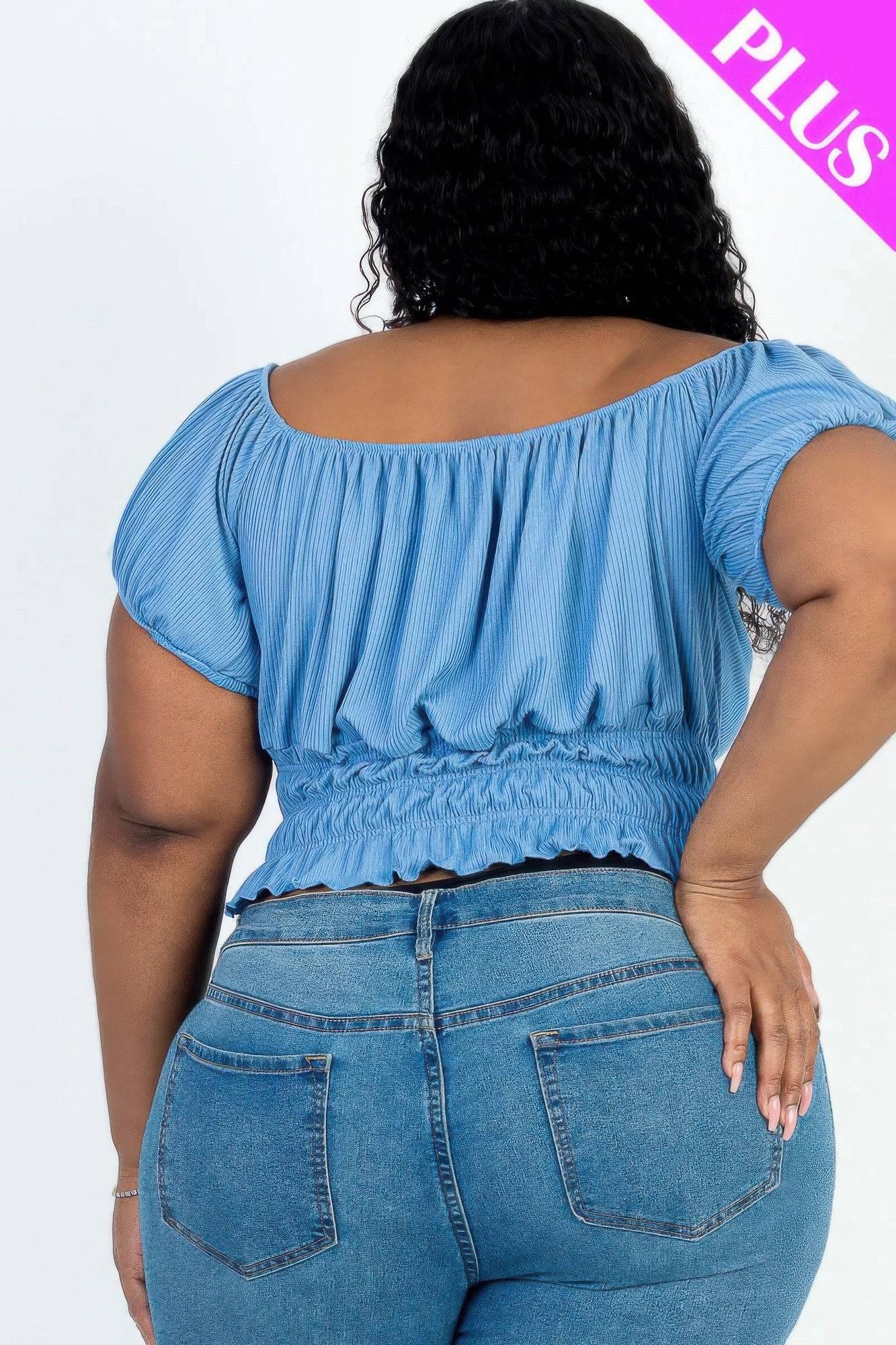 Plus size casual ruched puff sleeve ribbed knit solid top - Clothes For Her Online Store