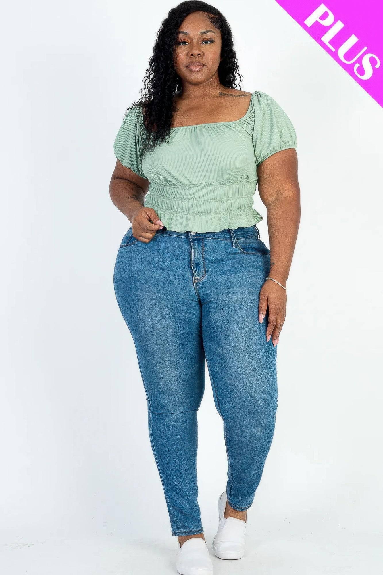 Plus size casual ruched puff sleeve ribbed knit solid top - Clothes For Her Online Store
