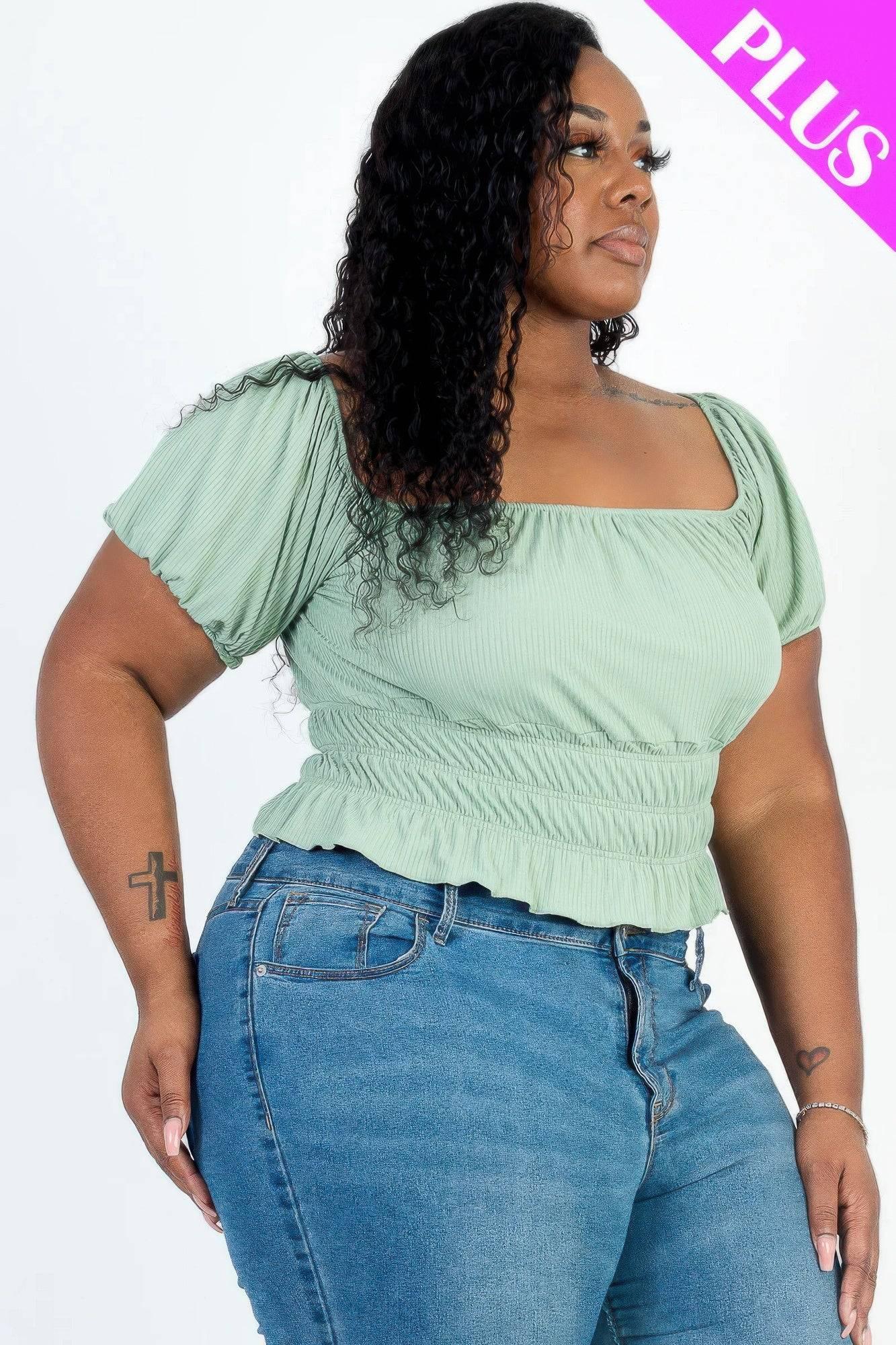 Plus size casual ruched puff sleeve ribbed knit solid top - Clothes For Her Online Store