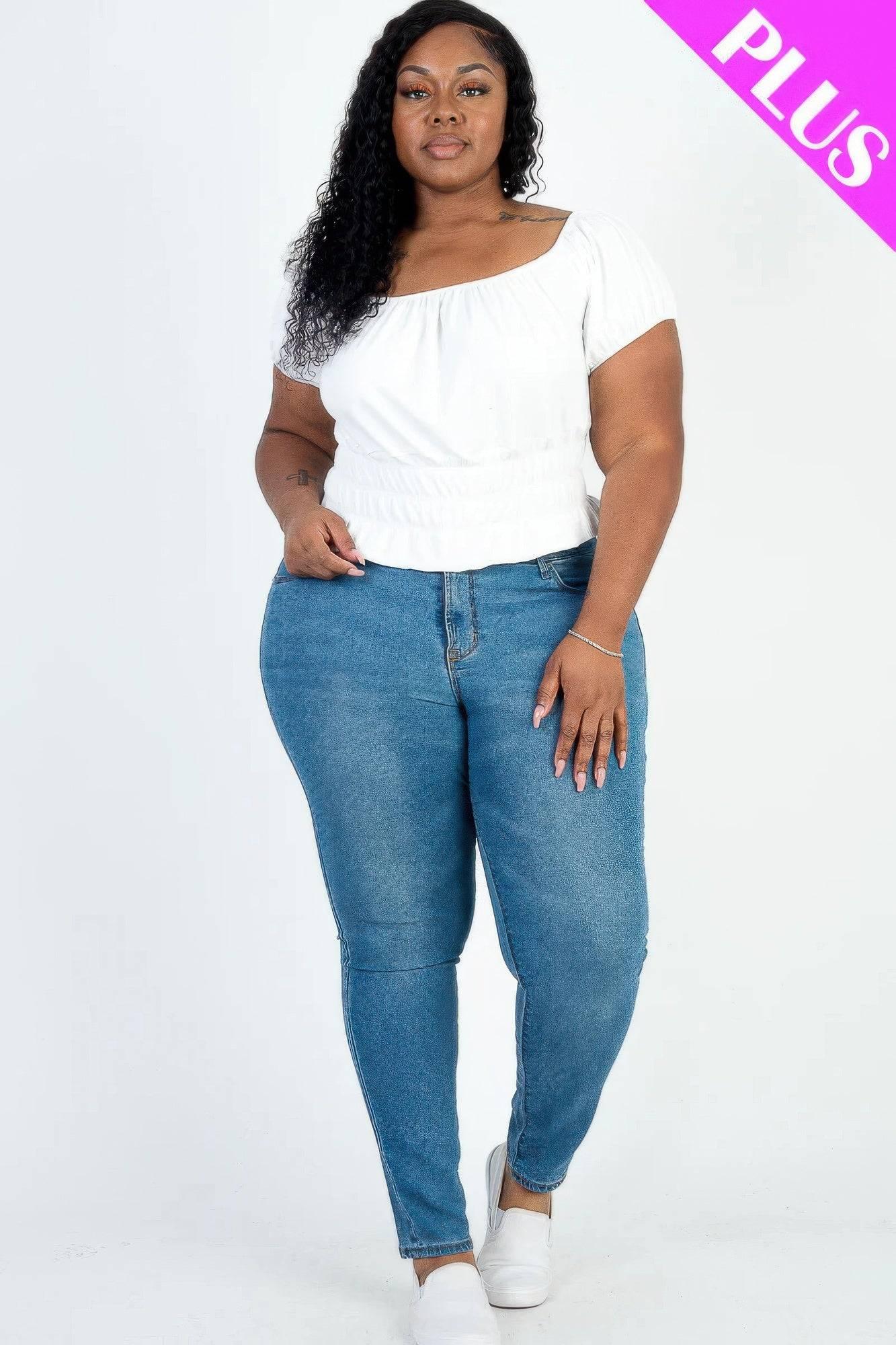 Plus size casual ruched puff sleeve ribbed knit solid top - Clothes For Her Online Store