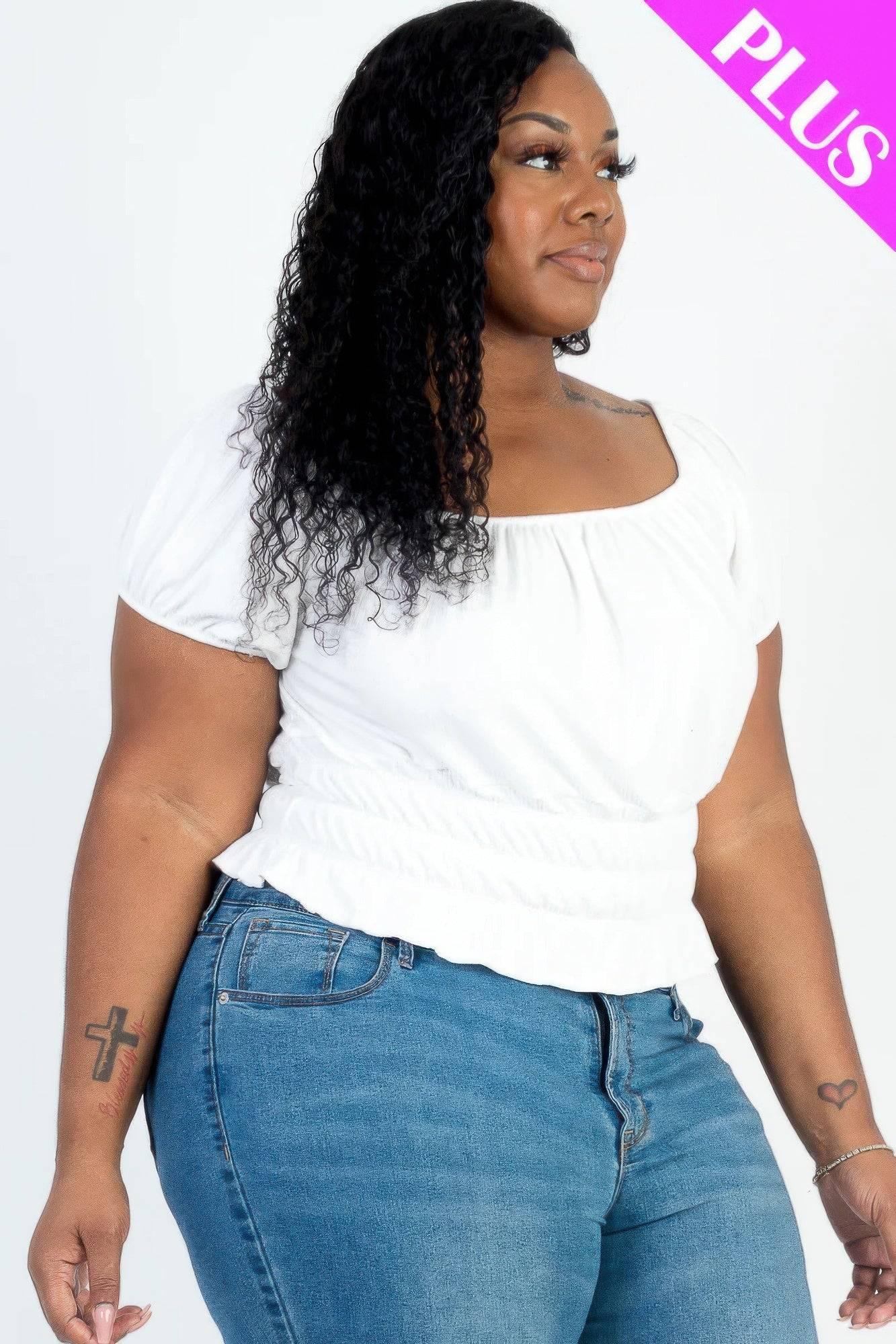 Plus size casual ruched puff sleeve ribbed knit solid top - Clothes For Her Online Store