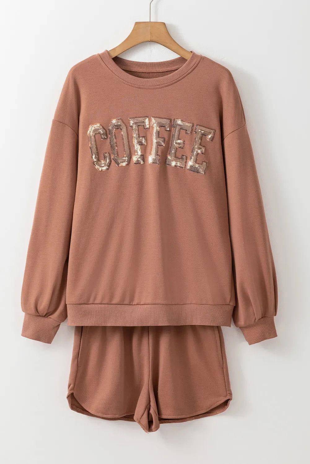 COFFEE Sequin Round Neck Long Sleeve Top and Shorts Set - Clothes For Her Online Store