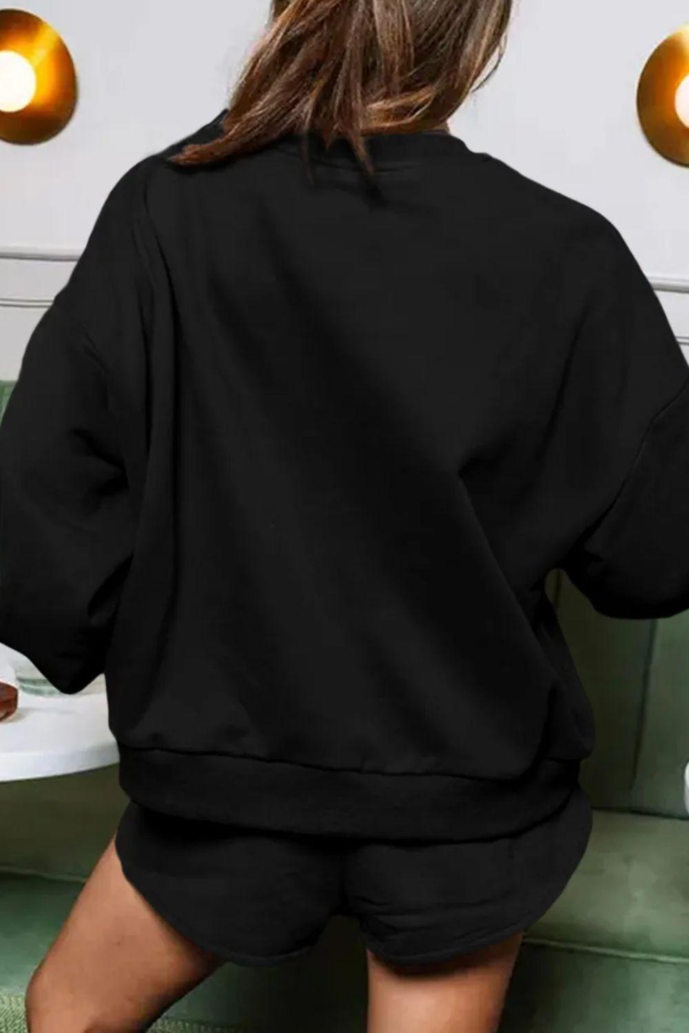 COFFEE Sequin Round Neck Long Sleeve Top and Shorts Set - Clothes For Her Online Store