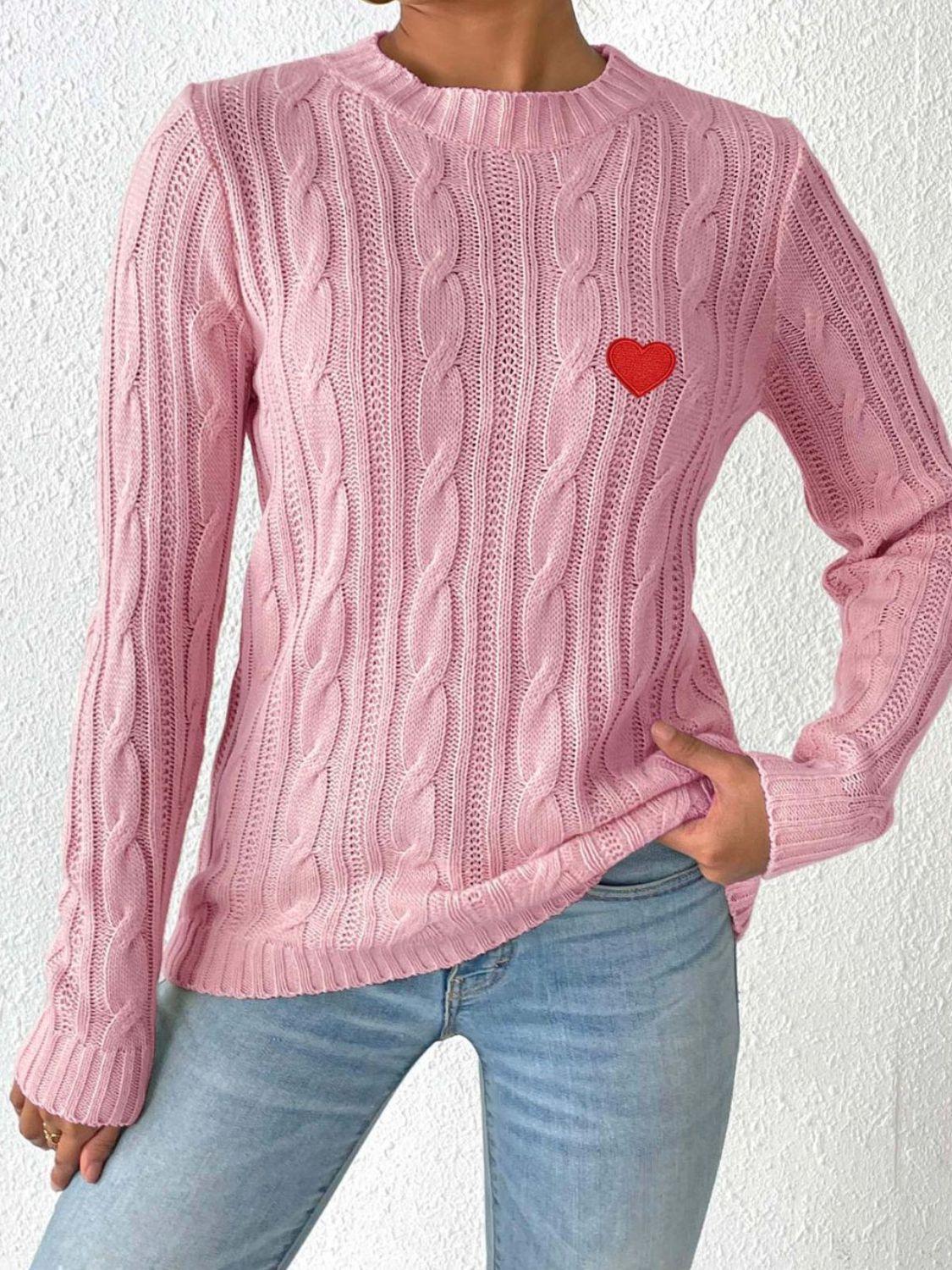 Cable-Knit Heart Round Neck Long Sleeve Sweater - Clothes For Her Online Store