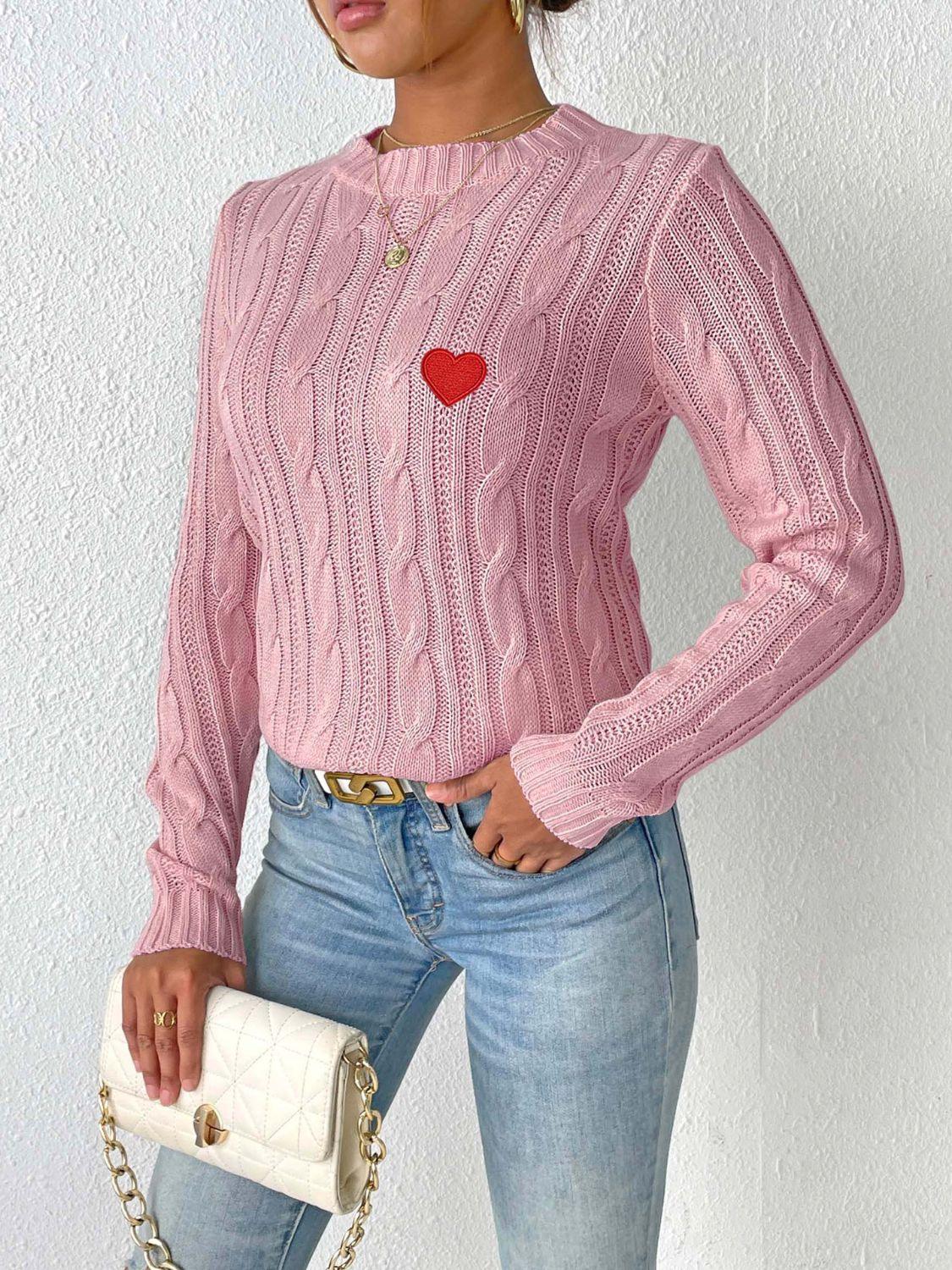 Cable-Knit Heart Round Neck Long Sleeve Sweater - Clothes For Her Online Store