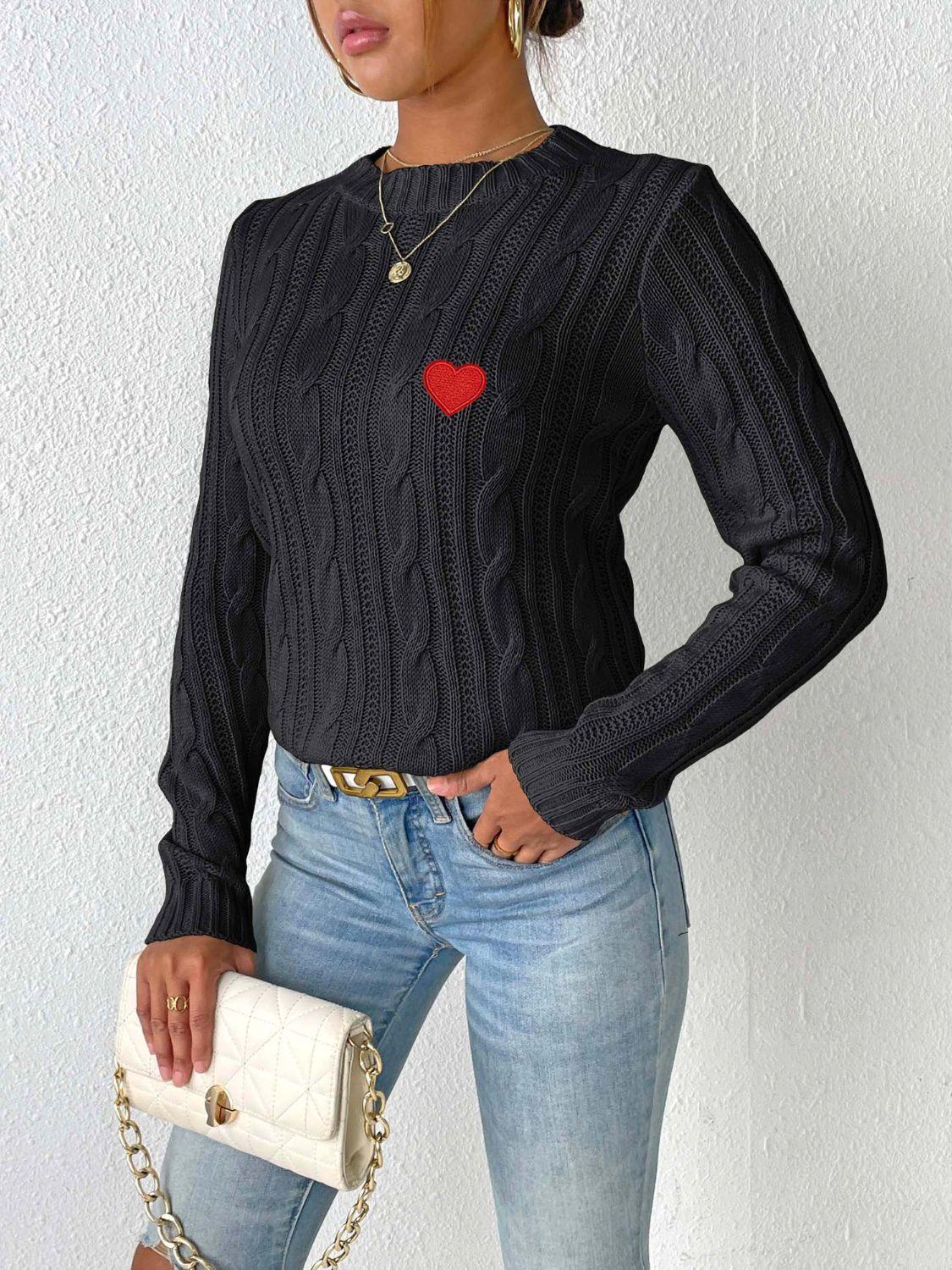 Cable-Knit Heart Round Neck Long Sleeve Sweater - Clothes For Her Online Store
