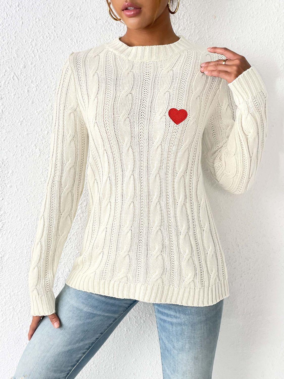 Cable-Knit Heart Round Neck Long Sleeve Sweater - Clothes For Her Online Store