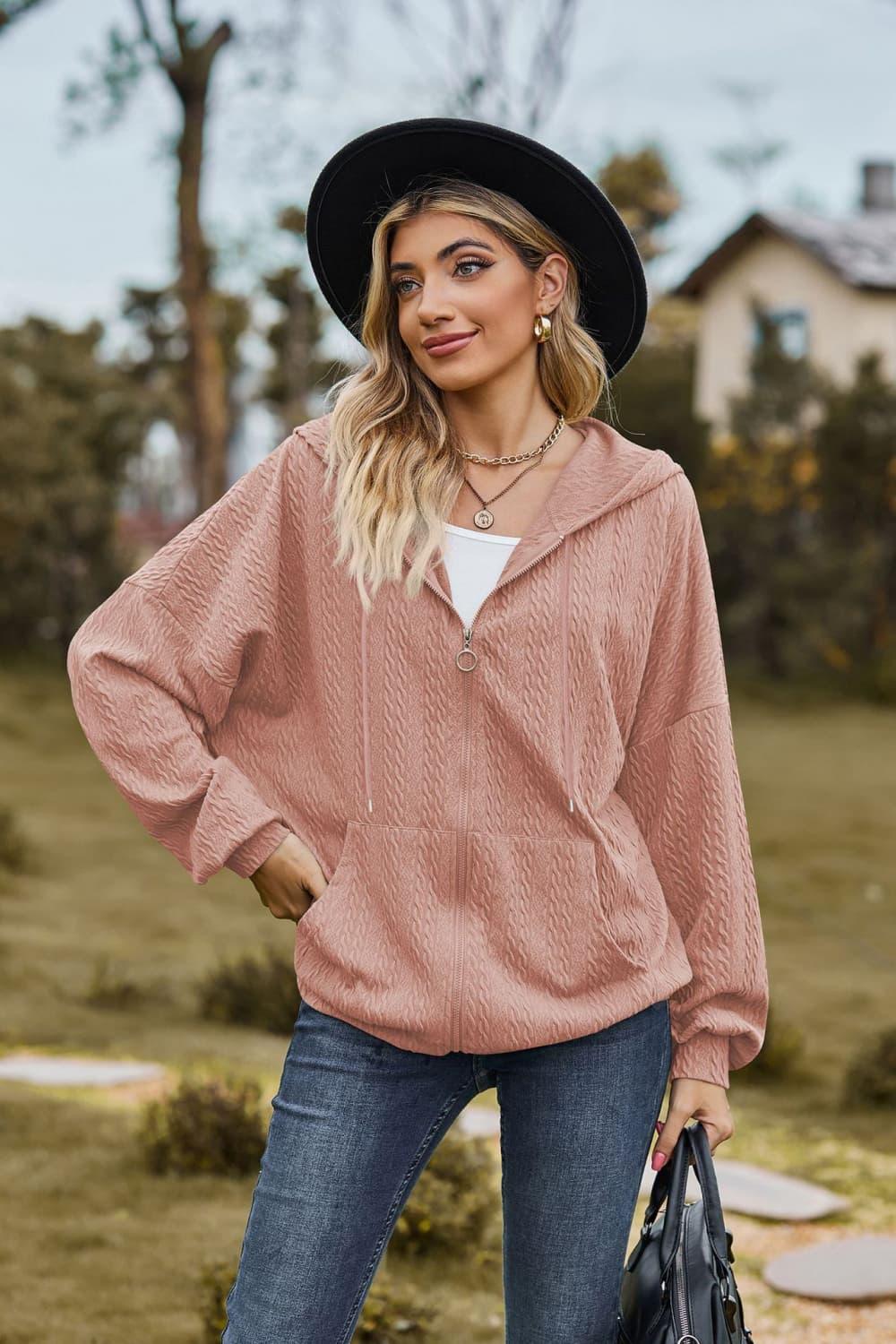 Cable-Knit Long Sleeve Hooded Jacket - Clothes For Her Online Store