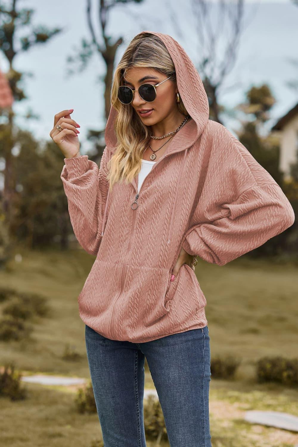 Cable-Knit Long Sleeve Hooded Jacket - Clothes For Her Online Store