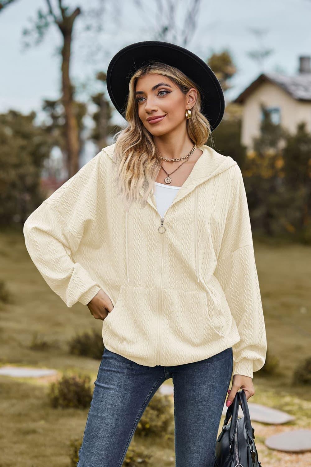 Cable-Knit Long Sleeve Hooded Jacket - Clothes For Her Online Store