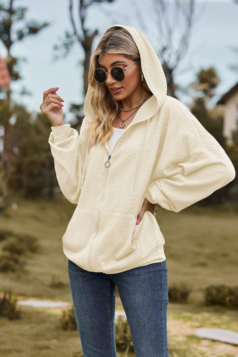 Cable-Knit Long Sleeve Hooded Jacket - Clothes For Her Online Store