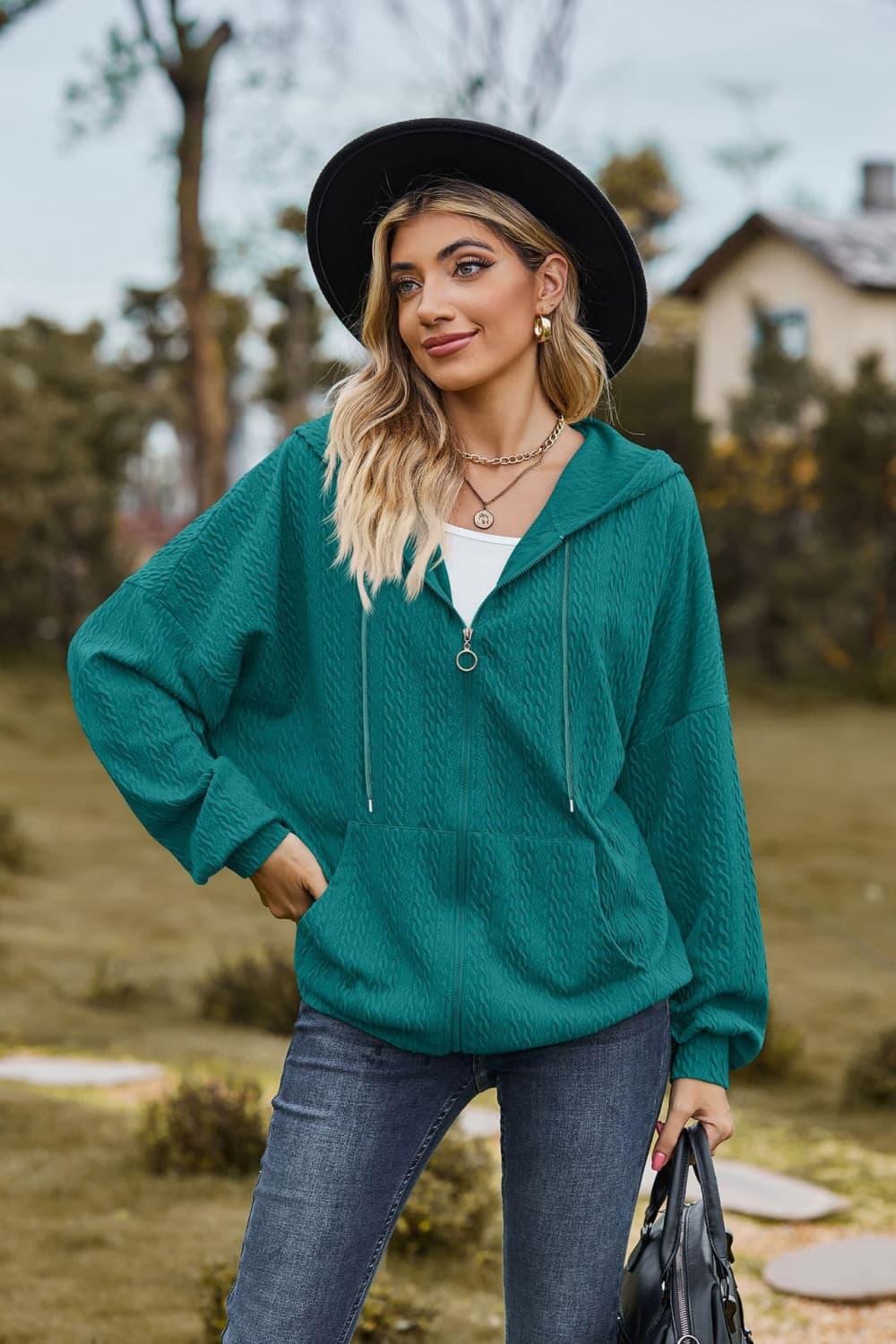 Cable-Knit Long Sleeve Hooded Jacket - Clothes For Her Online Store