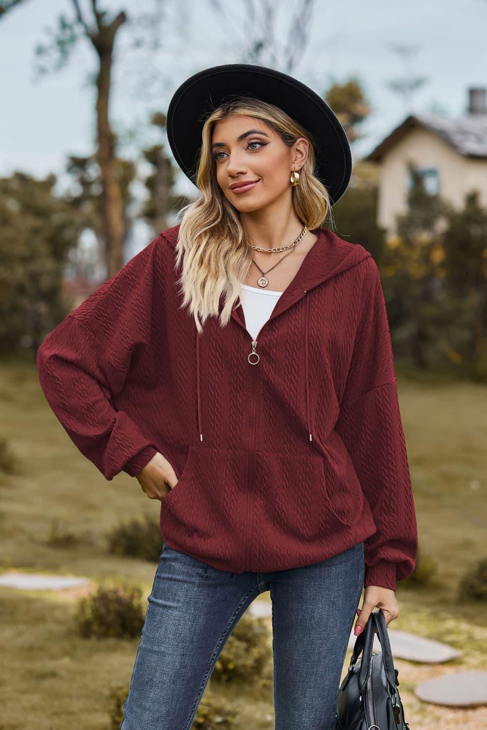 Cable-Knit Long Sleeve Hooded Jacket - Clothes For Her Online Store