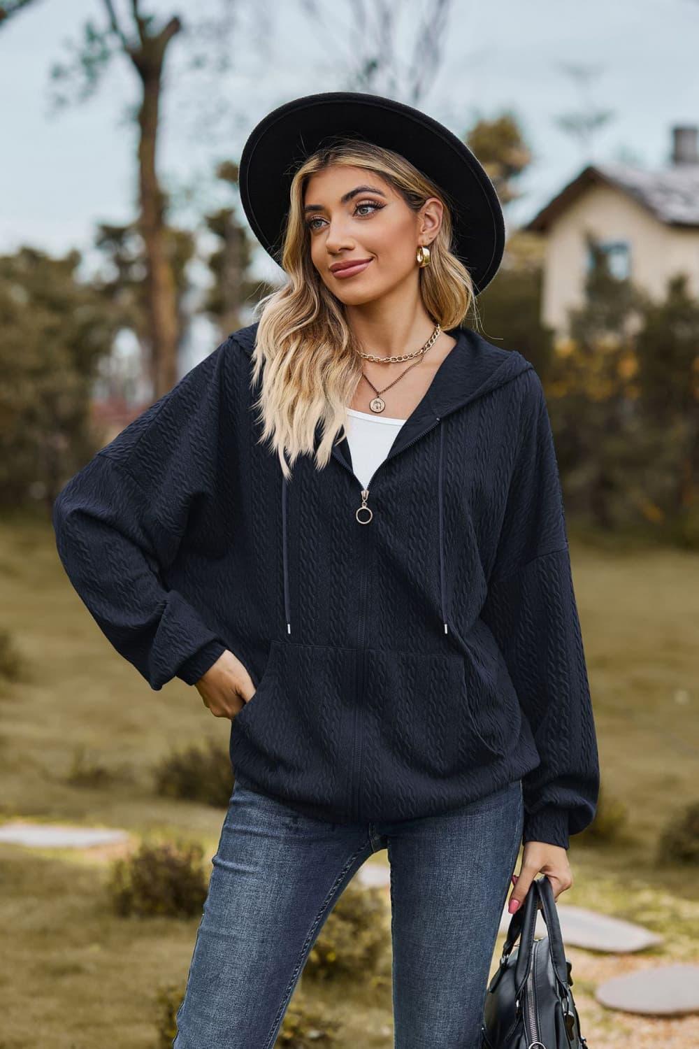 Cable-Knit Long Sleeve Hooded Jacket - Clothes For Her Online Store