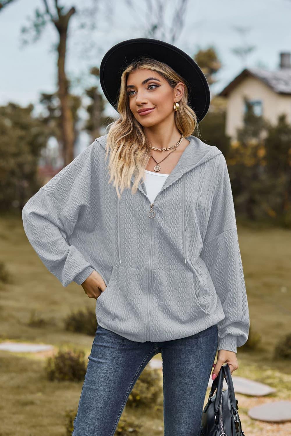 Cable-Knit Long Sleeve Hooded Jacket - Clothes For Her Online Store