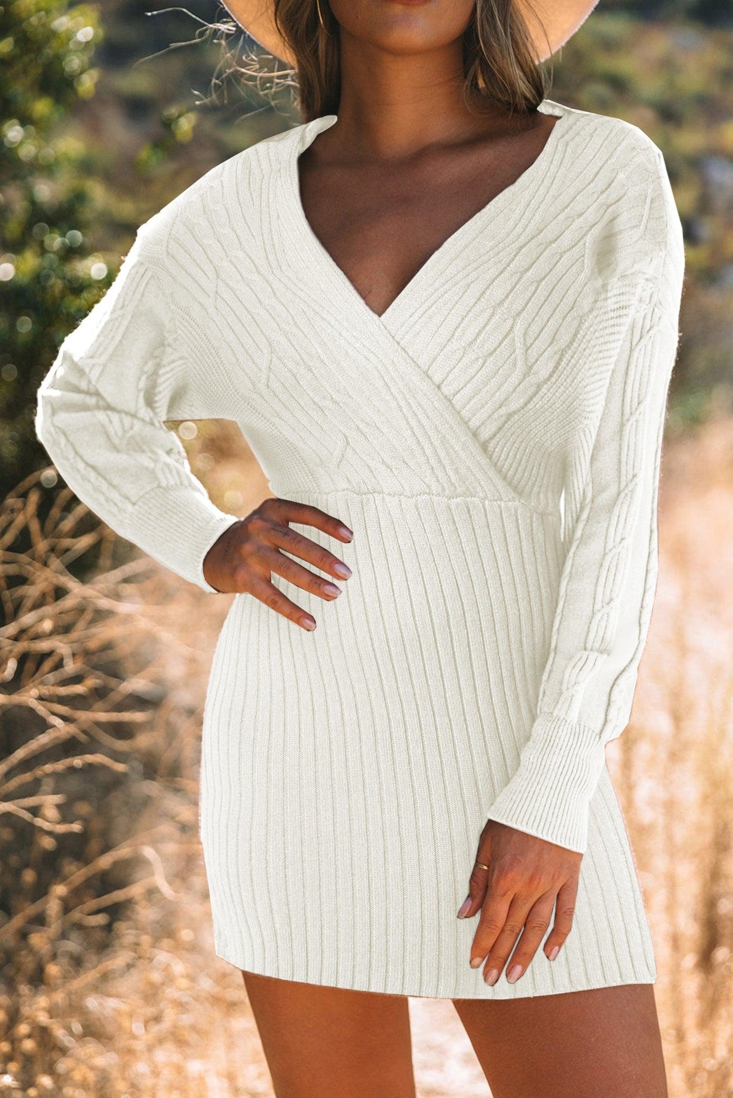 Cable-Knit Surplice Lantern Sleeve Sweater Dress - Clothes For Her Online Store