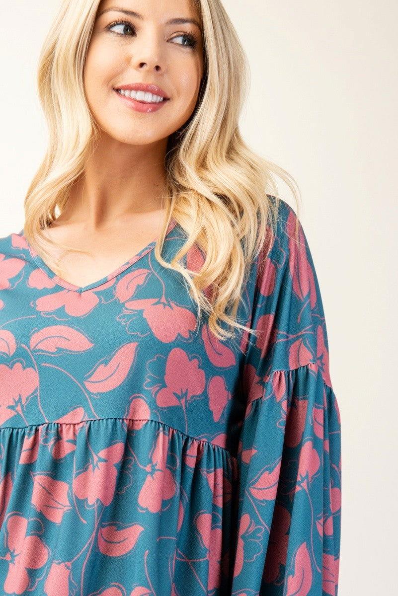 Celeste Full Size Tiered Floral V-Neck Long Sleeve Blouse - Clothes For Her Online Store