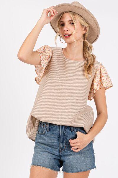 Ces Femme Round Neck Floral Short Sleeve Top - Clothes For Her Online Store