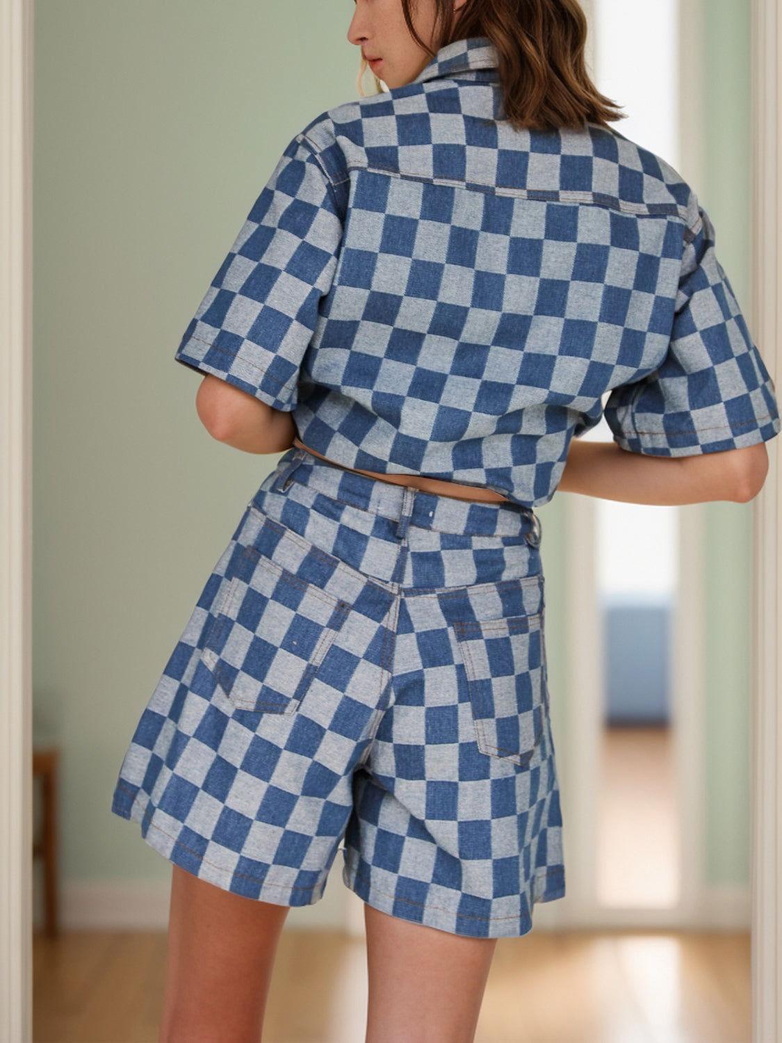Checkered Button Up Half Sleeve Top and Shorts Set - Clothes For Her Online Store