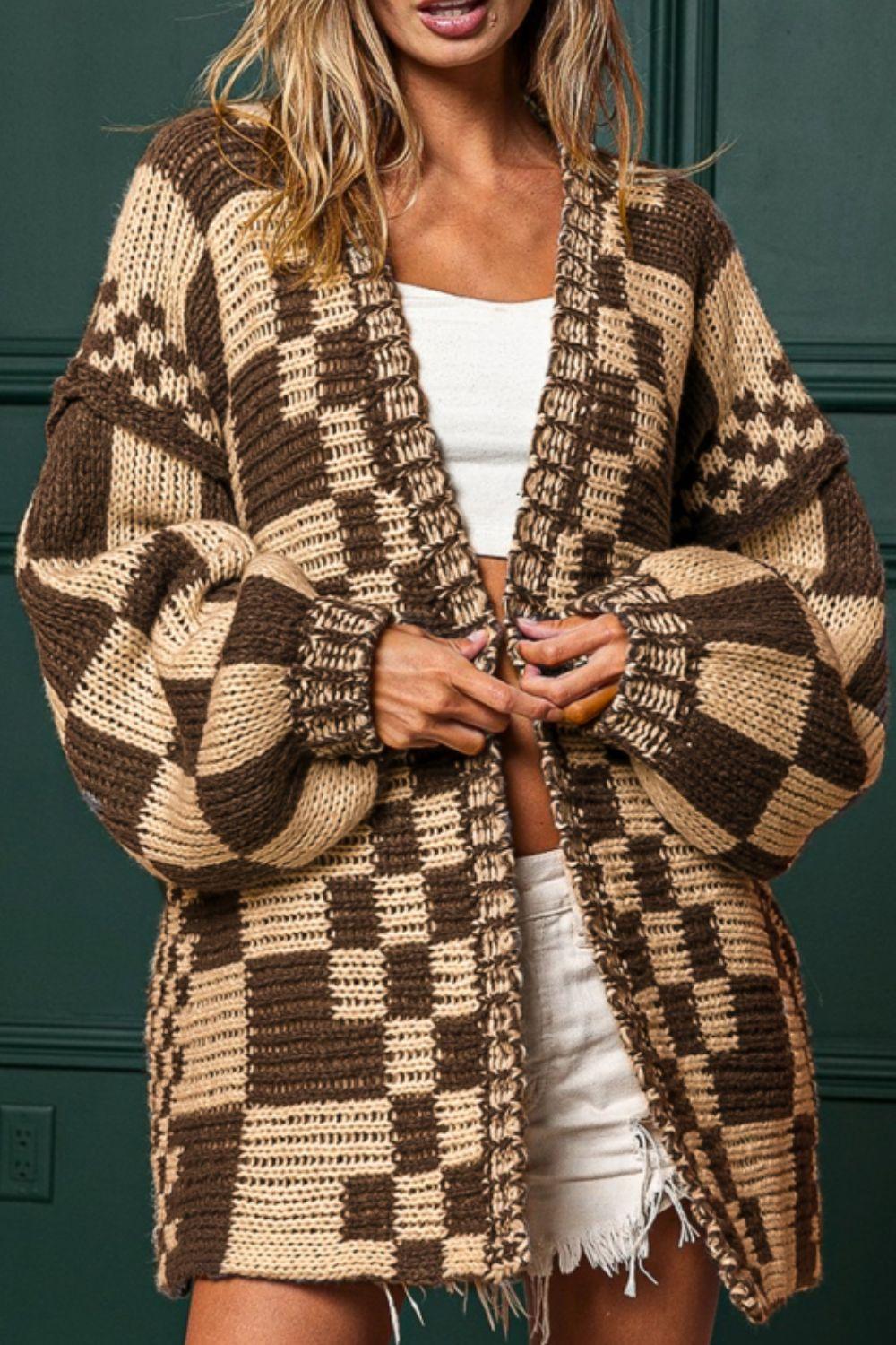 Checkered Open Front Long Sleeve Cardigan - Clothes For Her Online Store