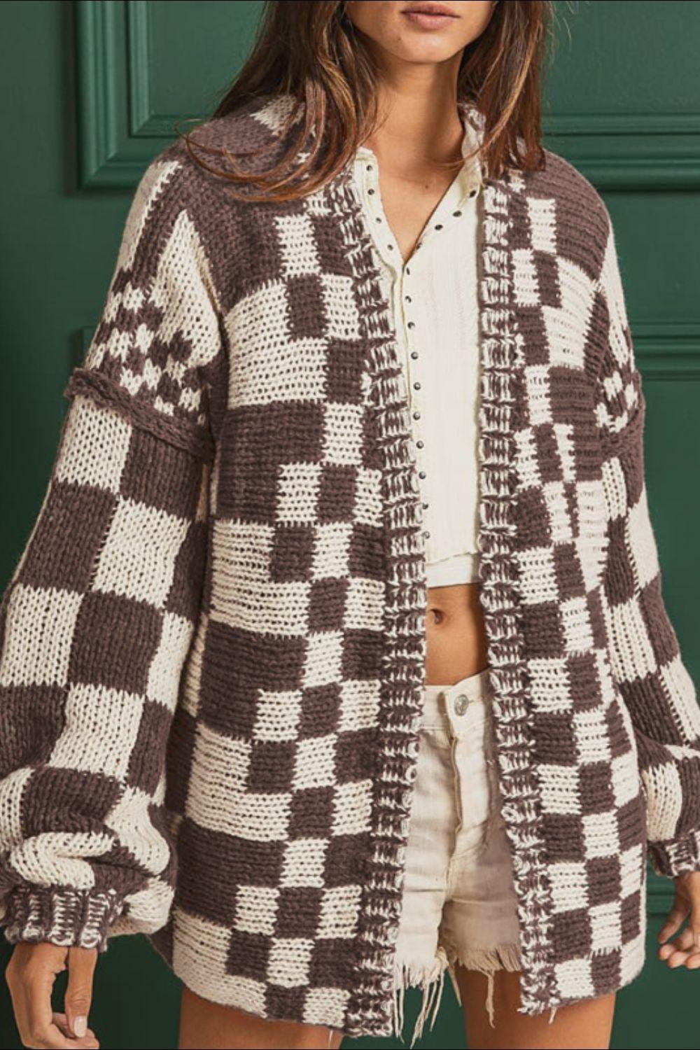 Checkered Open Front Long Sleeve Cardigan - Clothes For Her Online Store
