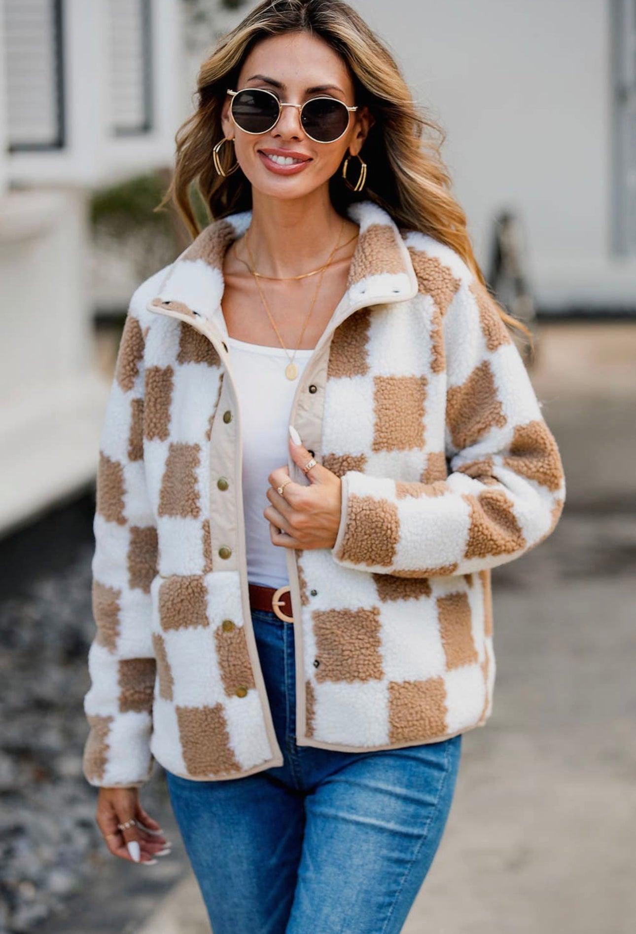 Checkered Snap Down Long Sleeve Teddy Jacket - Clothes For Her Online Store