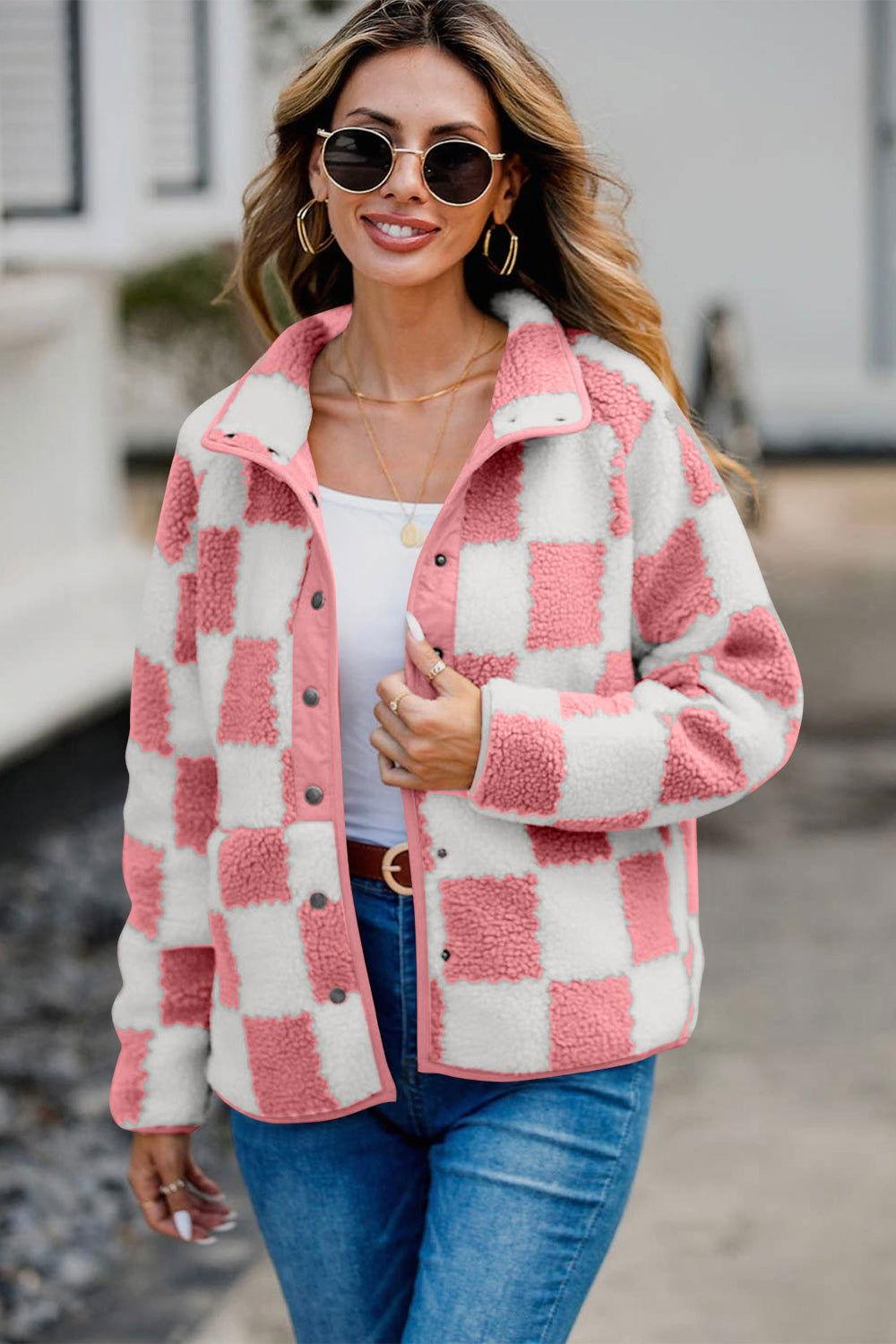 Checkered Snap Down Long Sleeve Teddy Jacket - Clothes For Her Online Store