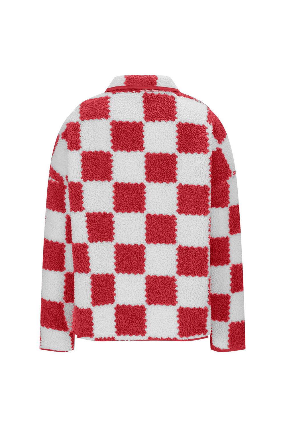 Checkered Snap Down Long Sleeve Teddy Jacket - Clothes For Her Online Store