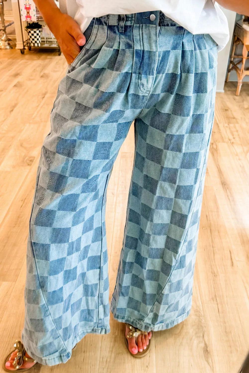 Checkered Wide Leg Jeans with Pockets - Clothes For Her Online Store