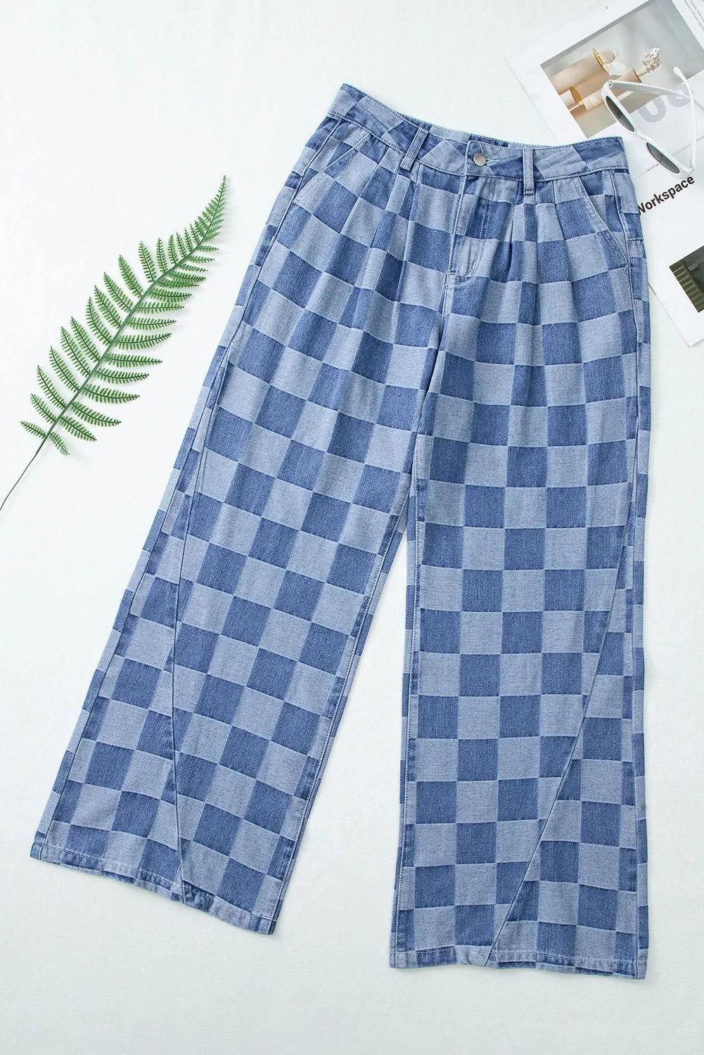 Checkered Wide Leg Jeans with Pockets - Clothes For Her Online Store
