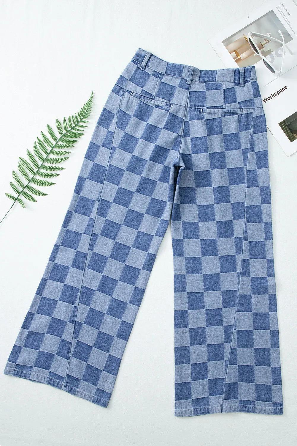 Checkered Wide Leg Jeans with Pockets - Clothes For Her Online Store