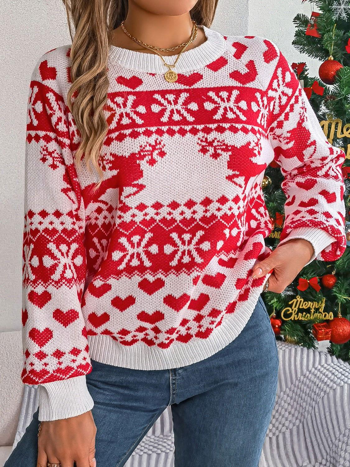 Christmas Element Round Neck Long Sleeve Sweater - Clothes For Her Online Store