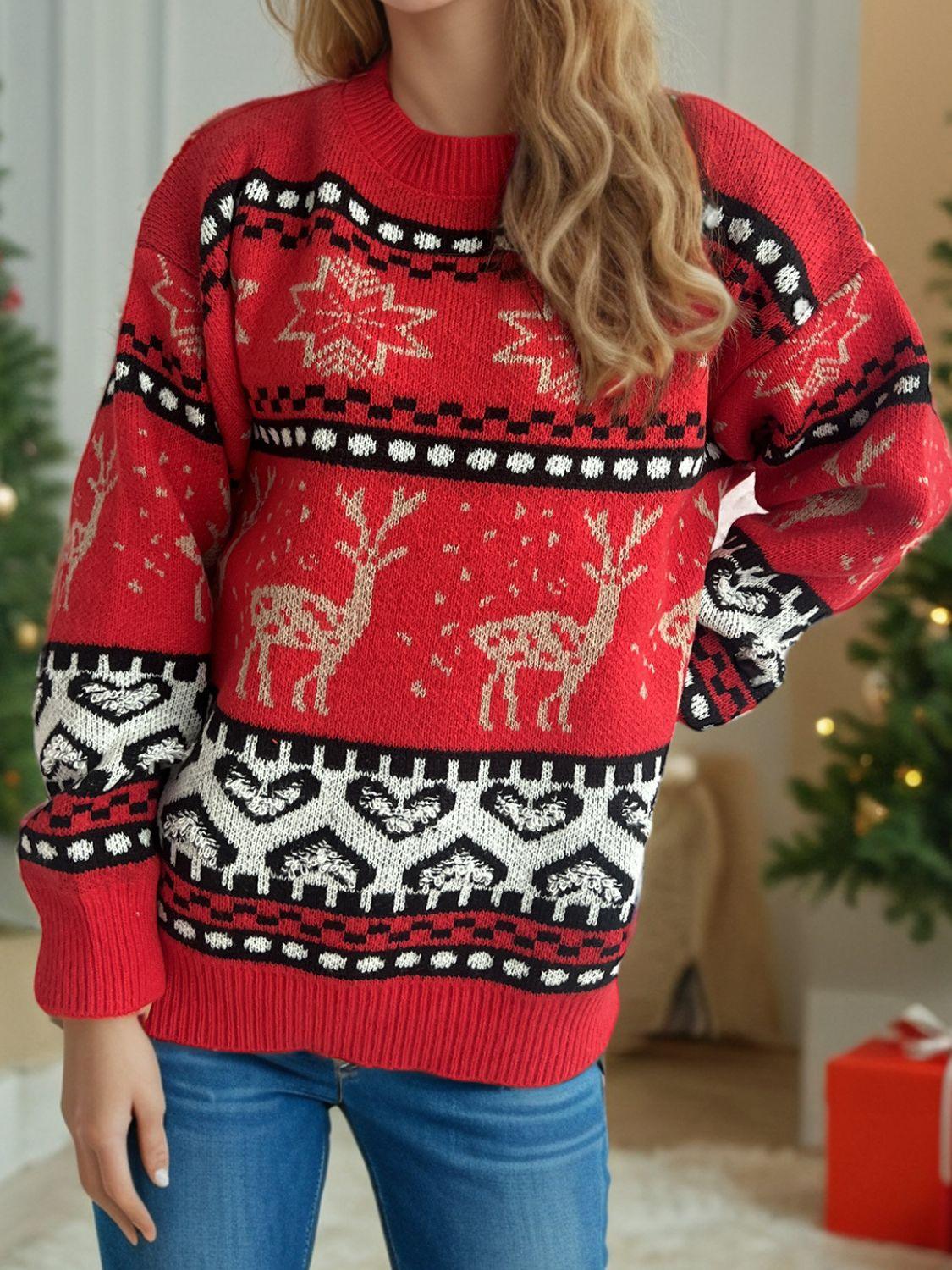 Christmas Element Round Neck Long Sleeve Sweater - Clothes For Her Online Store