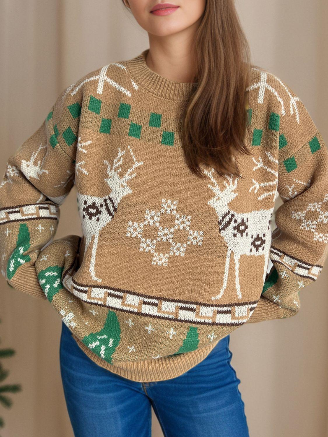 Christmas Element Round Neck Long Sleeve Sweater - Clothes For Her Online Store