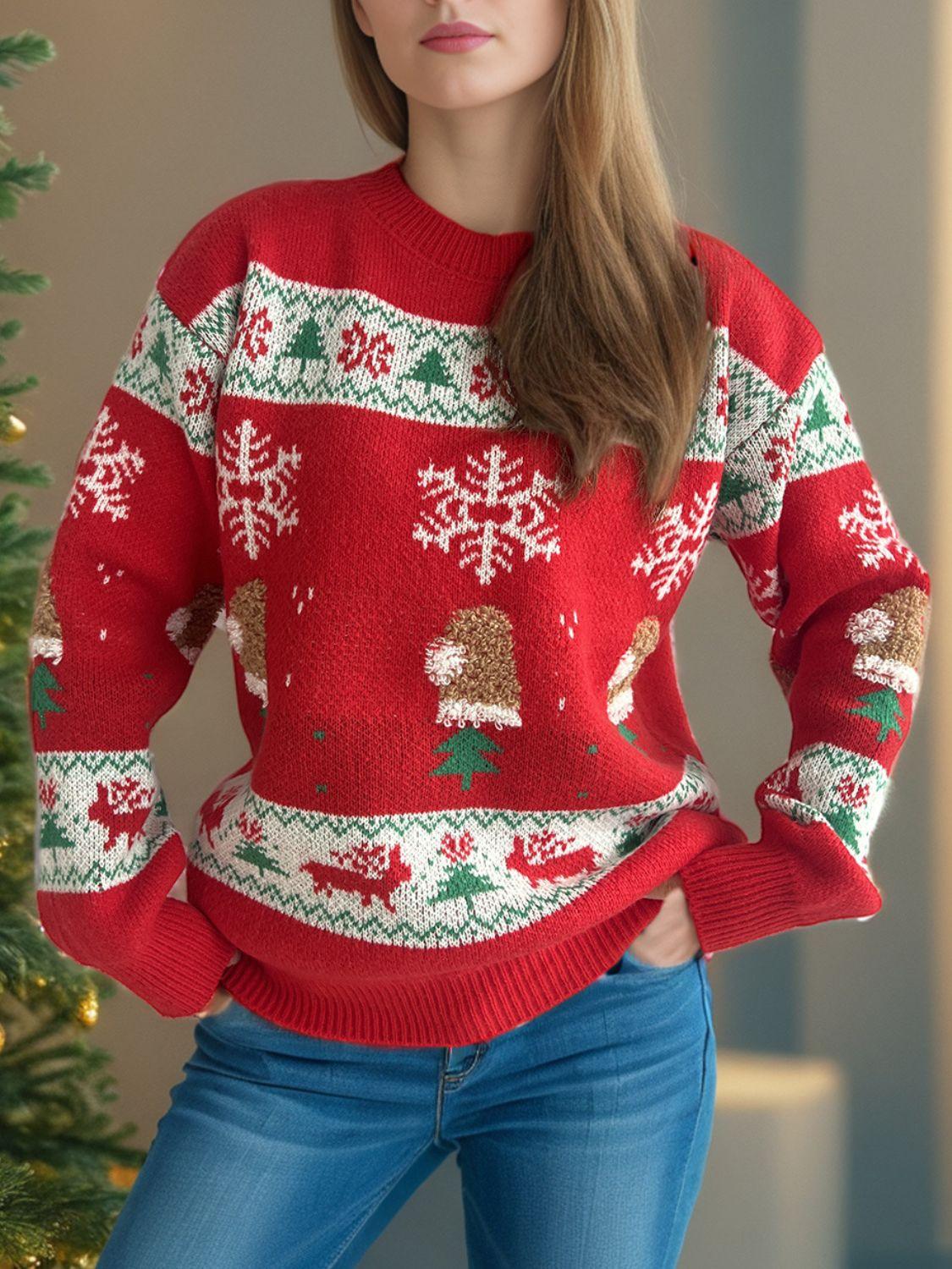 Christmas Element Round Neck Long Sleeve Sweater - Clothes For Her Online Store