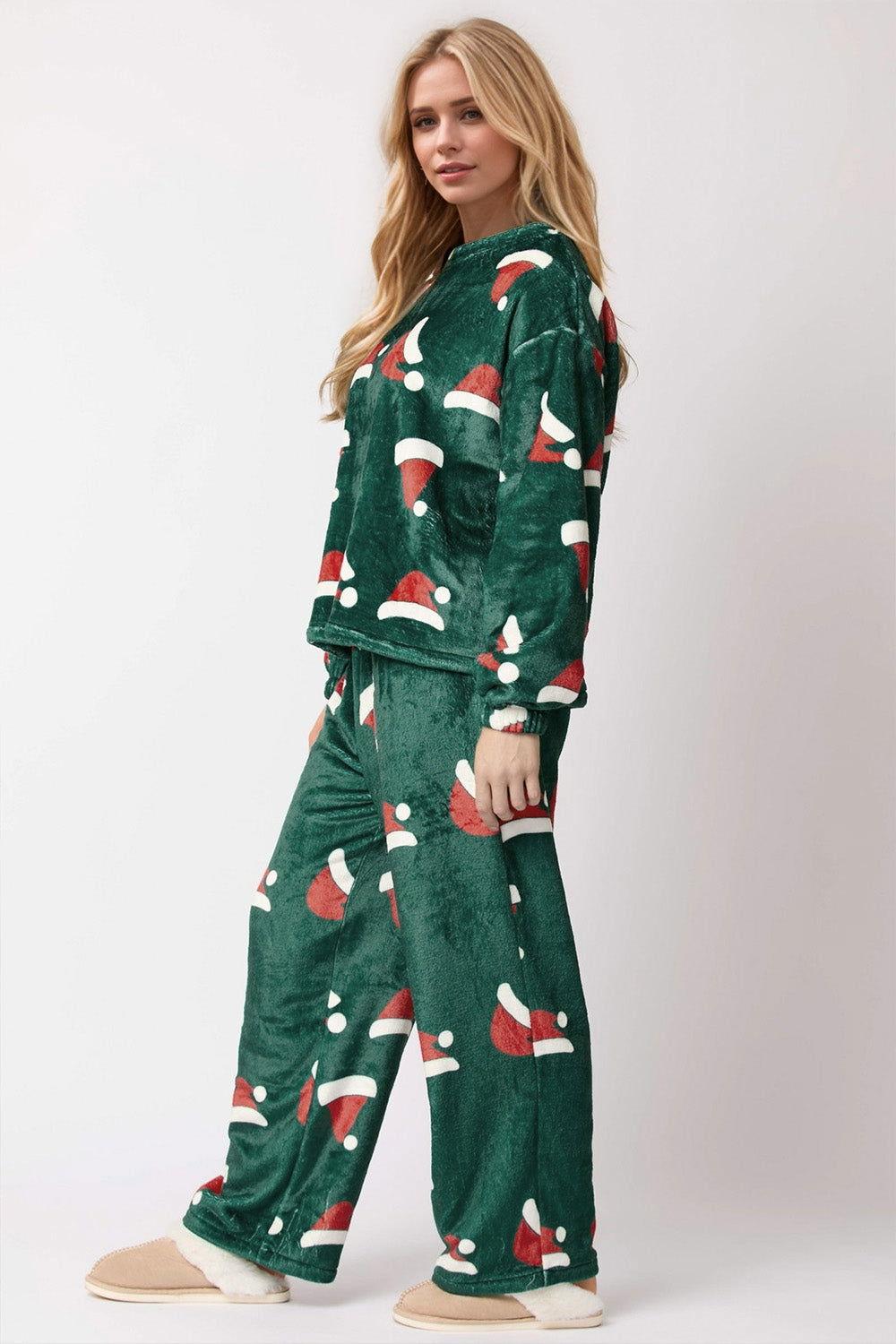 Christmas Hat Pattern Round Neck Long Sleeve Top and Pants Set - Clothes For Her Online Store