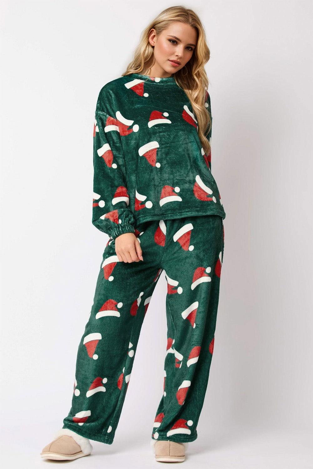 Christmas Hat Pattern Round Neck Long Sleeve Top and Pants Set - Clothes For Her Online Store