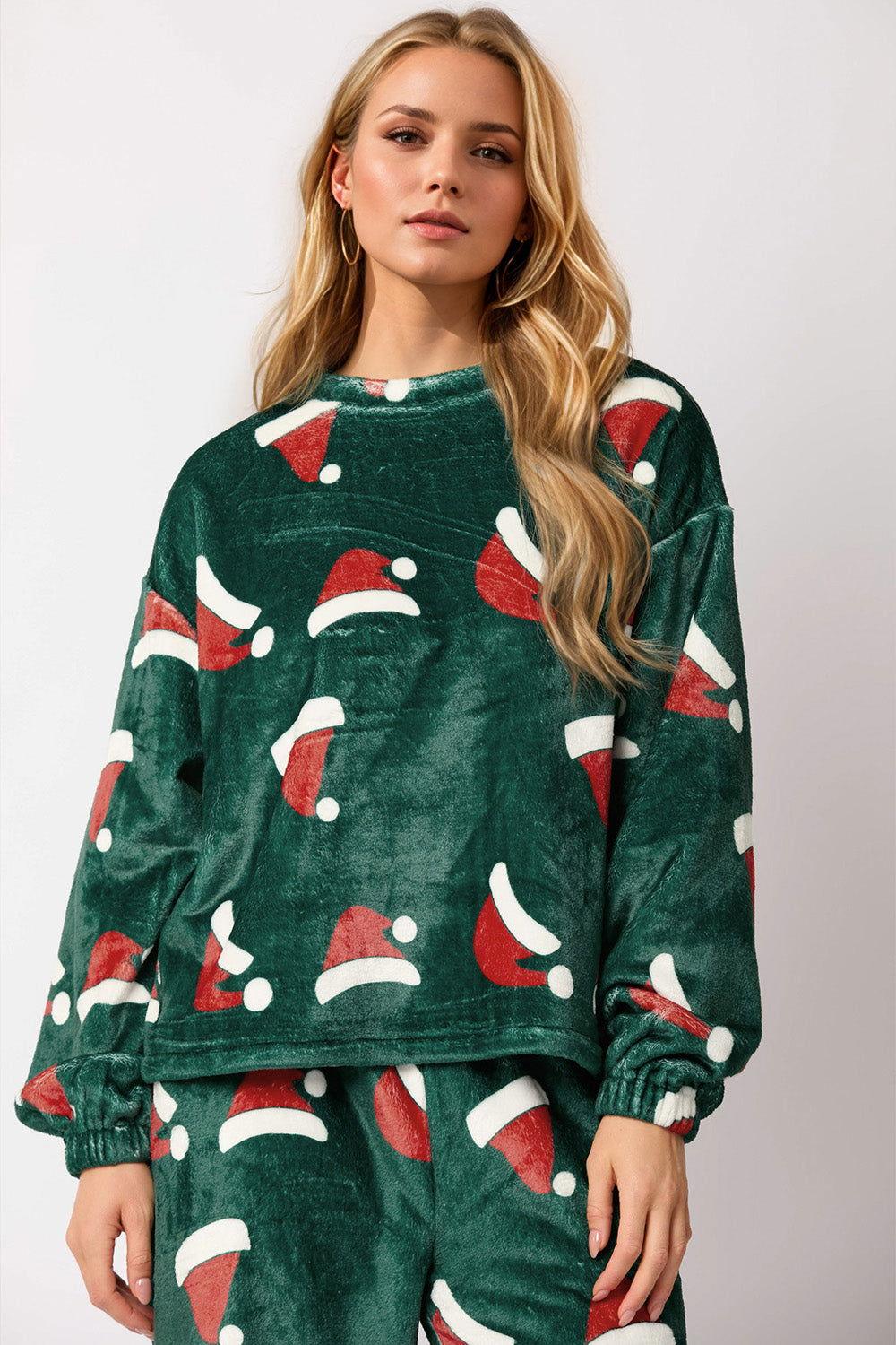 Christmas Hat Pattern Round Neck Long Sleeve Top and Pants Set - Clothes For Her Online Store