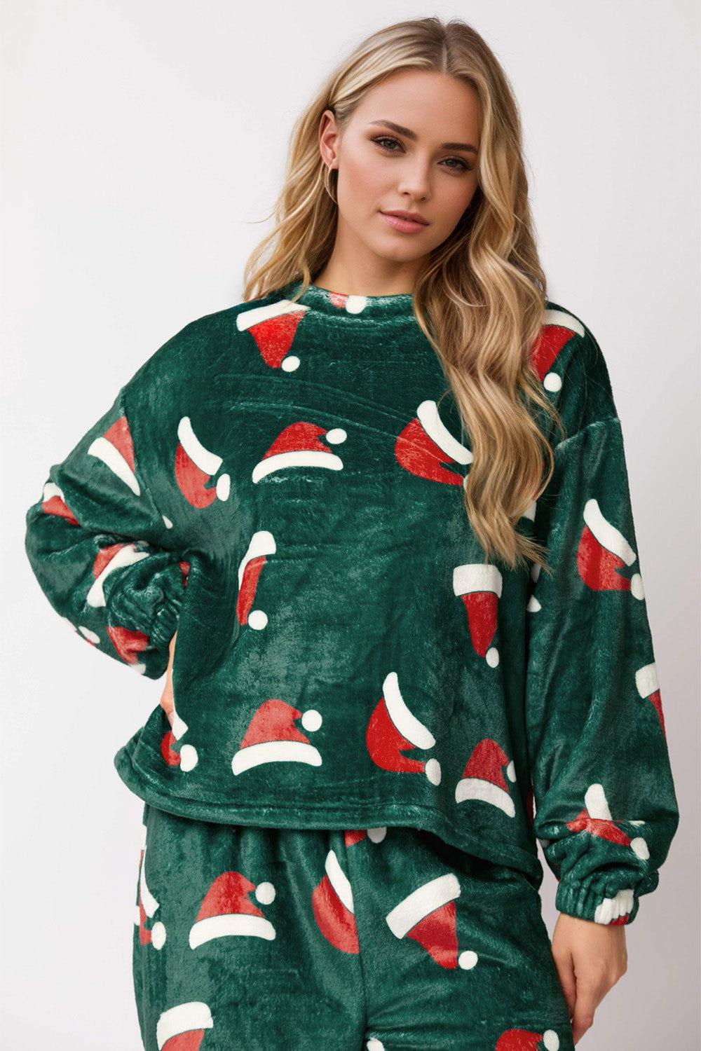 Christmas Hat Pattern Round Neck Long Sleeve Top and Pants Set - Clothes For Her Online Store