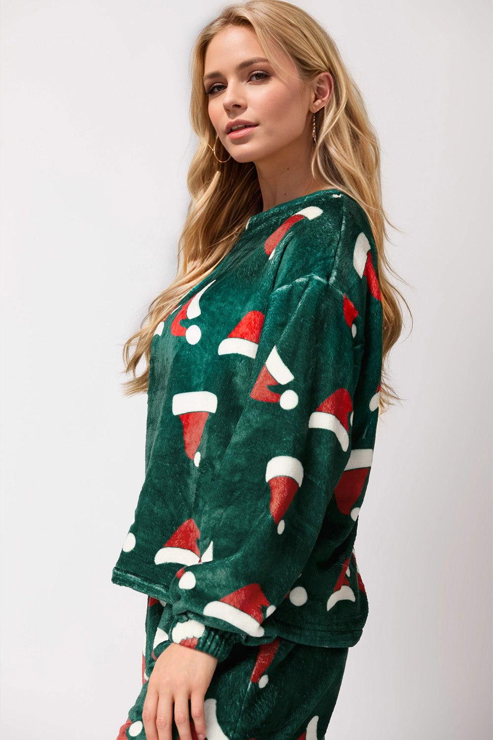 Christmas Hat Pattern Round Neck Long Sleeve Top and Pants Set - Clothes For Her Online Store