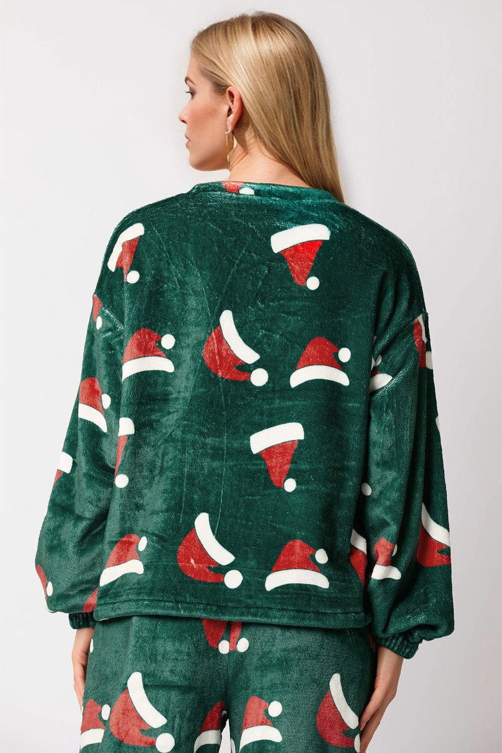 Christmas Hat Pattern Round Neck Long Sleeve Top and Pants Set - Clothes For Her Online Store